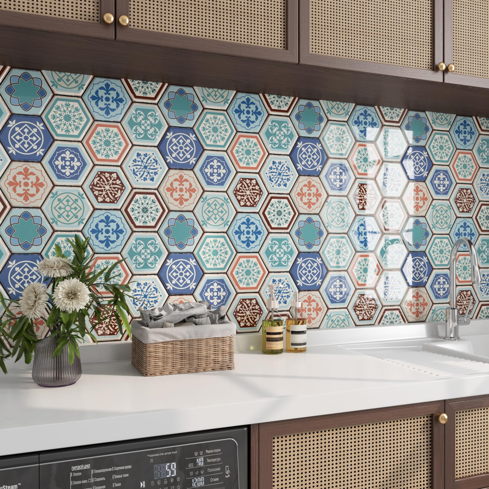 FunStick 30CMx30CM Piastrelle Adesive Cucina 3D Blu Verde Acqua Rivestimento Parete Bagno Adesivi per Piastrelle Verde Bohémien Mattonelle Adesive Cucina 15 Pezzi Paraschizzi Parete Bagno Lavanderia