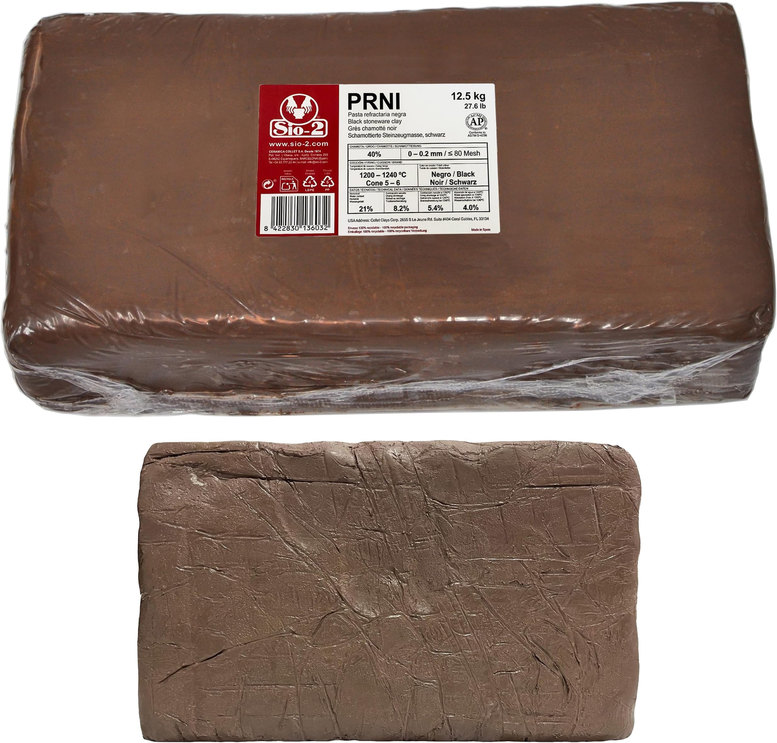 SIO-2 PRNI Black High Fire Stoneware Clay, 27.6 lb (Cone 5-6) Natural Modeling Pottery Clay for Wheel Throwing & Hand Building