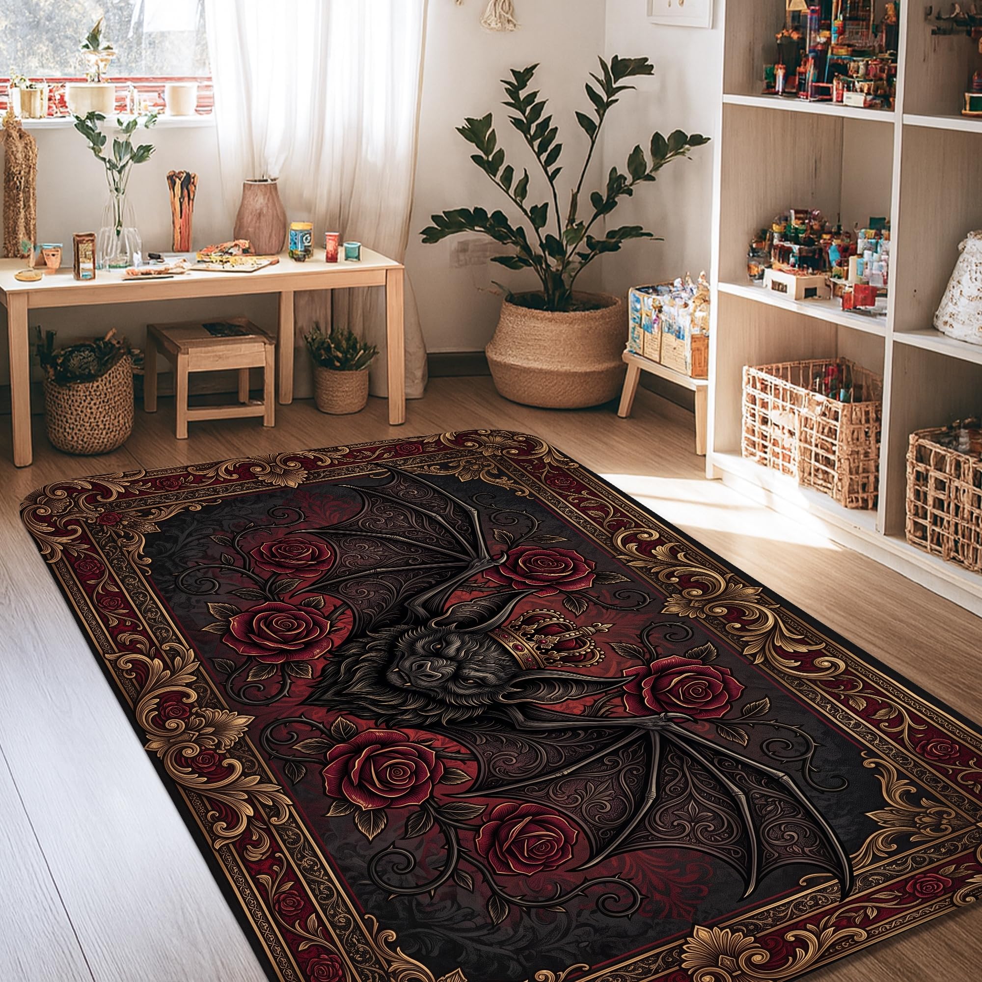 Fledermaus-Teppich, Gothic, viktorianische Rosen, königliches Halloween, schwarz, niedriger Flor, Schwammkante, Einfassung, rechteckig, Teppich für Wohnzimmer, Schlafzimmer, Flur, Büro, Dekoration