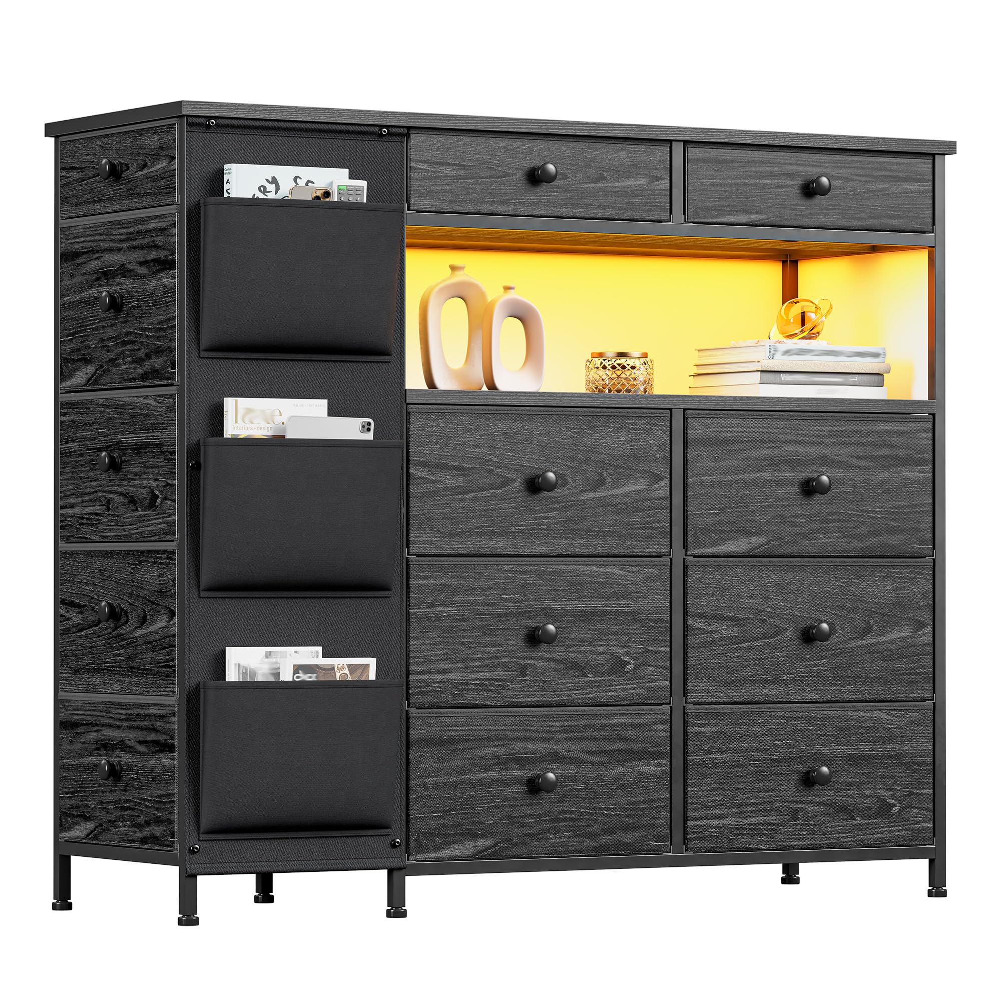 Black Dresser for Bedroom with 13 Fabric Drawers and LED Light & 3 Side Pockets, Cupboard Island with 2 Open Shelves, Dressers & Chests of Drawers,