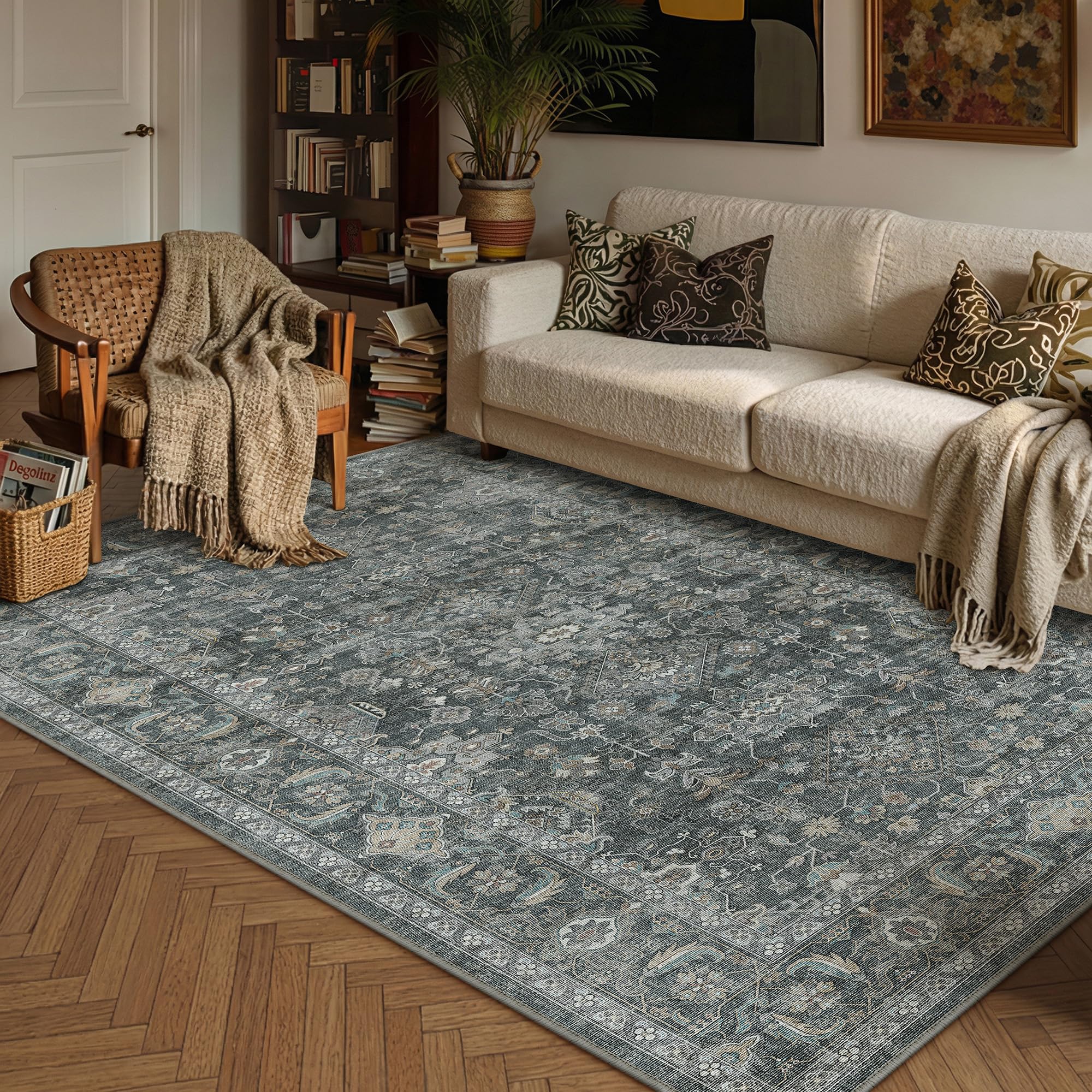 PureCozy Vintage Living Room Rug 140 x 200 cm Black Washable Non Slip Lounge Area Rugs Bedroom Bedside Large Soft Low Pile Carpet Office Dining Rooms Hall Indoor Carpets — image 1