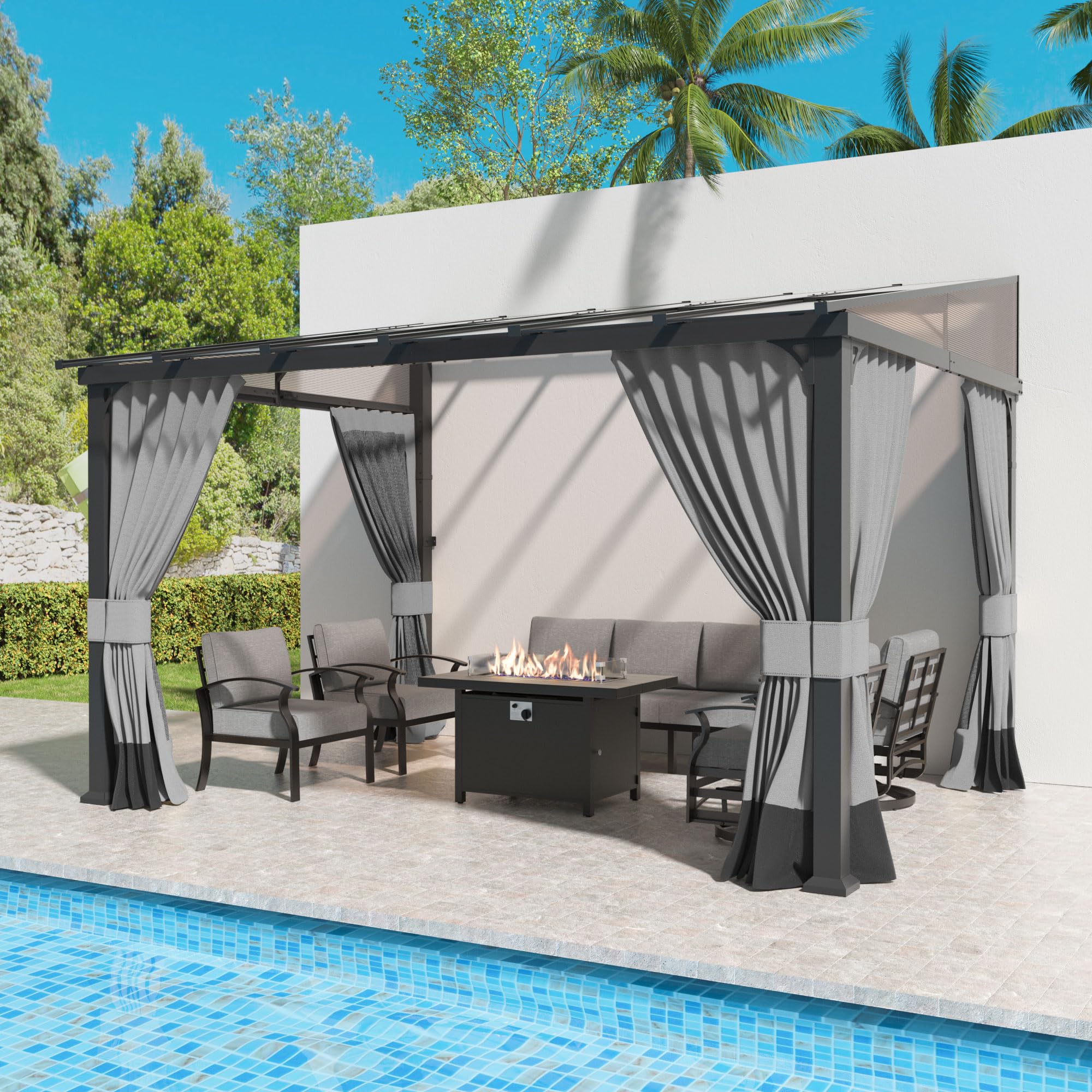 Kullavik 10' × 12' Hardtop Gazebo for Patio,Wall-Mounted Lean to Gazebo Pergola with Sloping Roof and Durable Aluminum Frame,Large Heavy Duty Awnings for Decks,Backyard,Grey