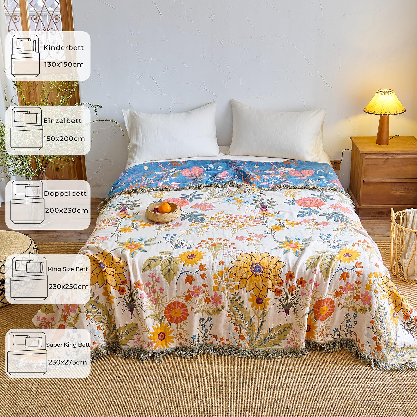 HOORDRY Copriletto boho in 100% cotone, 230 x 250 cm, double face, grande coperta per divano con nappe, di alta qualità, decorativa morbida, adatta come copriletto, copridivano o coperta per TV, beige