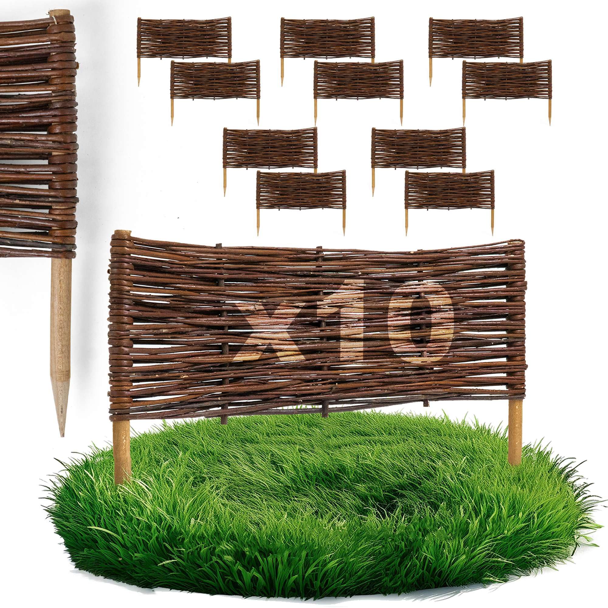 10 x BOGATECO Beeteinfassung aus Weide | 60 cm Lang & 20 cm Hoch | Holz-Zaun Rasenkante | Weiden-Zaun Steckzaun Perfekt für den Garten als Weg-Abgrenzung | Gartenzaun Weidezaun Zaunelemente
