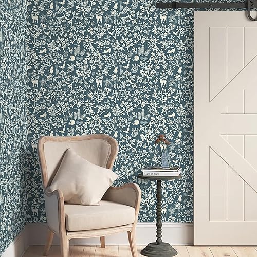 Miniatura 3 de HeloHo Papel tapiz de 16.1 x 118 pulgadas, diseño de hojas florales, color azul, verde, gris, para dormitorio, autoadhesivo, extraíble, impermeable,