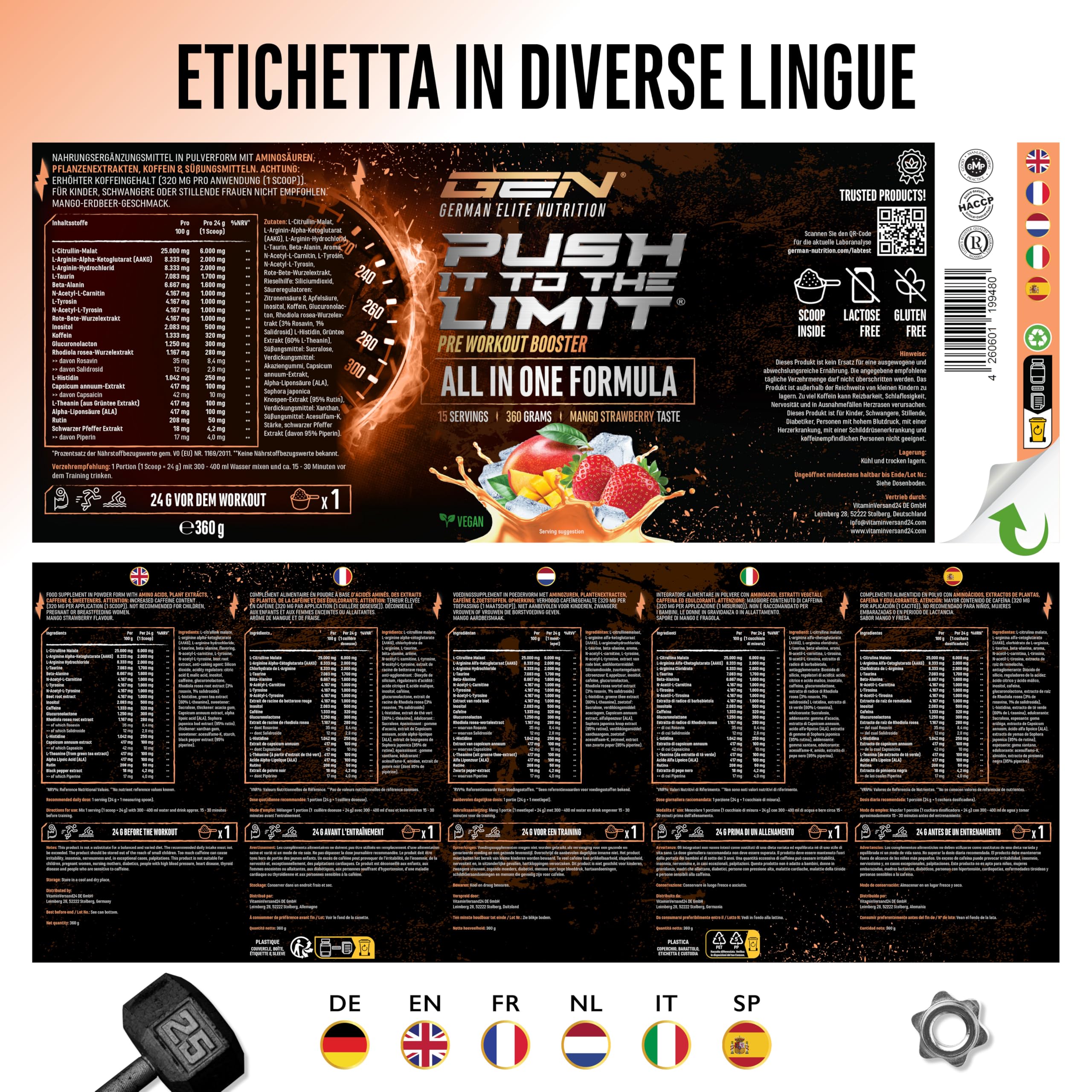 Push it to the Limit - Pre-Allenamento con L-Arginina + Citrullina + L-Tirosina + L-Teanina + L-Carnitina + AAKG + Taurina + Radice di Rosa Rhodiola + Caffeina - Dose elevata - 360 g - Mango Fragola
