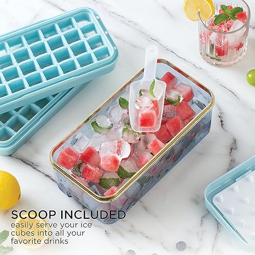 Miniatura 5 de Cook with Color Bandeja para cubitos de hielo con tapa y contenedor, contenedor de hielo de fácil liberación para congelador con botón - Dos