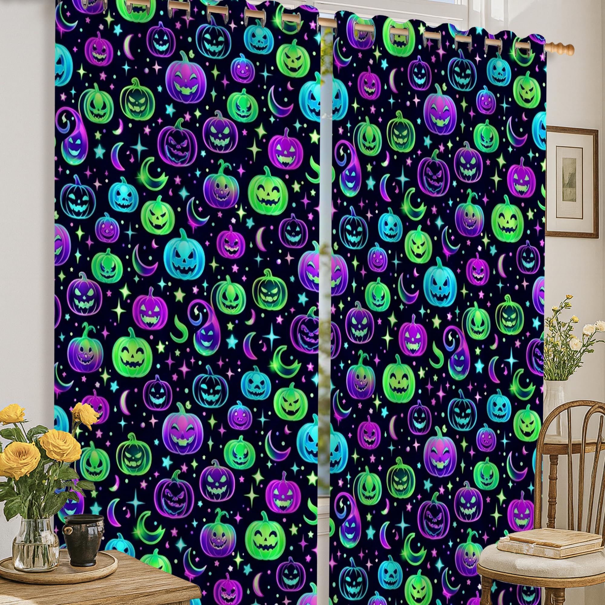 Rideaux occultants Halloween citrouilles et fantôme 132x160cm noir