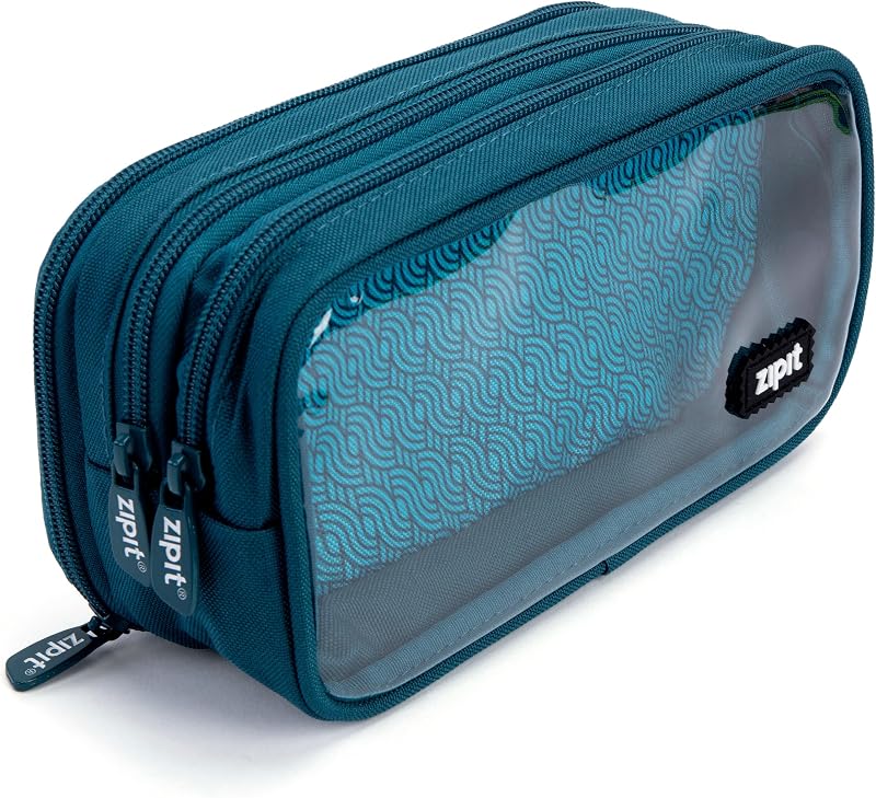 Half & Half Pencil Case, 3-Compartment Aesthetic Zipper Pouch, Teal | Clear-front pencil case for school, dedicated organizer panels, holds up to 70 pens & pencils, durable easy-care polyester