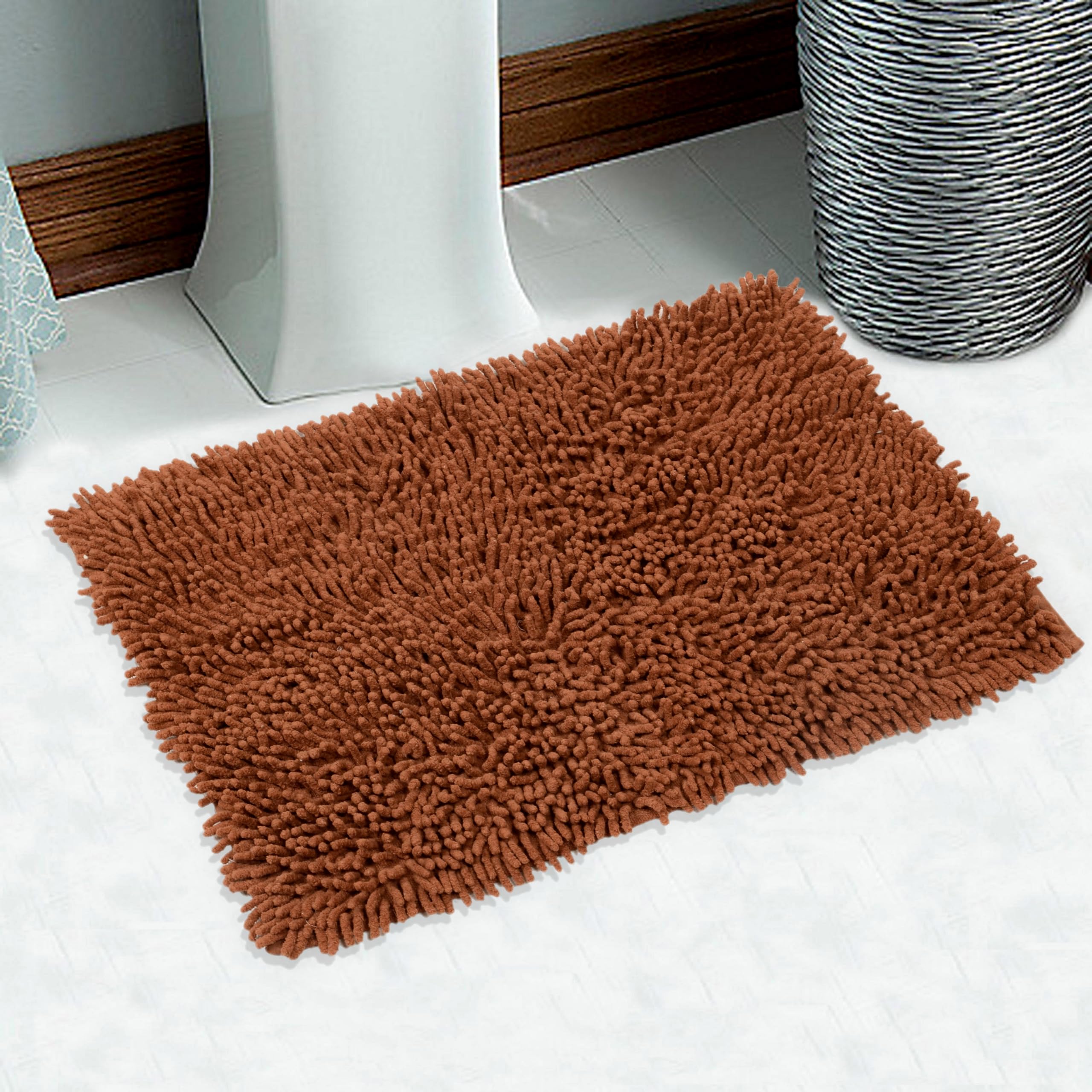 SARAL HOME EASY LIVING Cotton Shaggy Anti-Skid Rectangular Solid Bath Mat|Soft & Super Absorbent Mats for Shower|Washable, Non-Slip & Quick-Drying Mats for Home/Kitchen/Office (Brown, 40X60 CM)