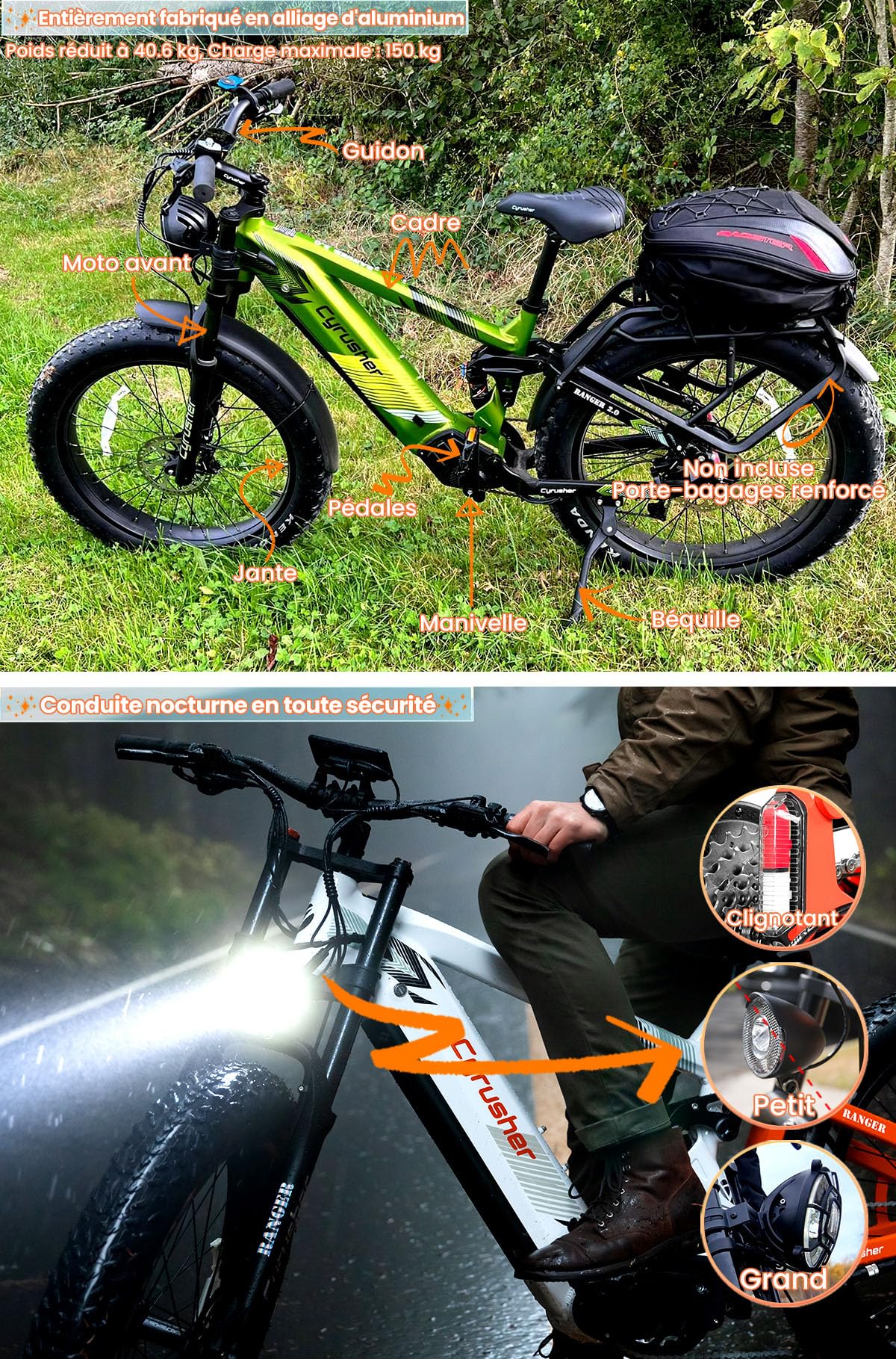 Vélo Électrique en Aluminium Ranger 26Pouces, 250W 25 km/h 52V 20Ah 1040Wh 128 km, Amortisseur à air, Freins à Disque Hydrauliques