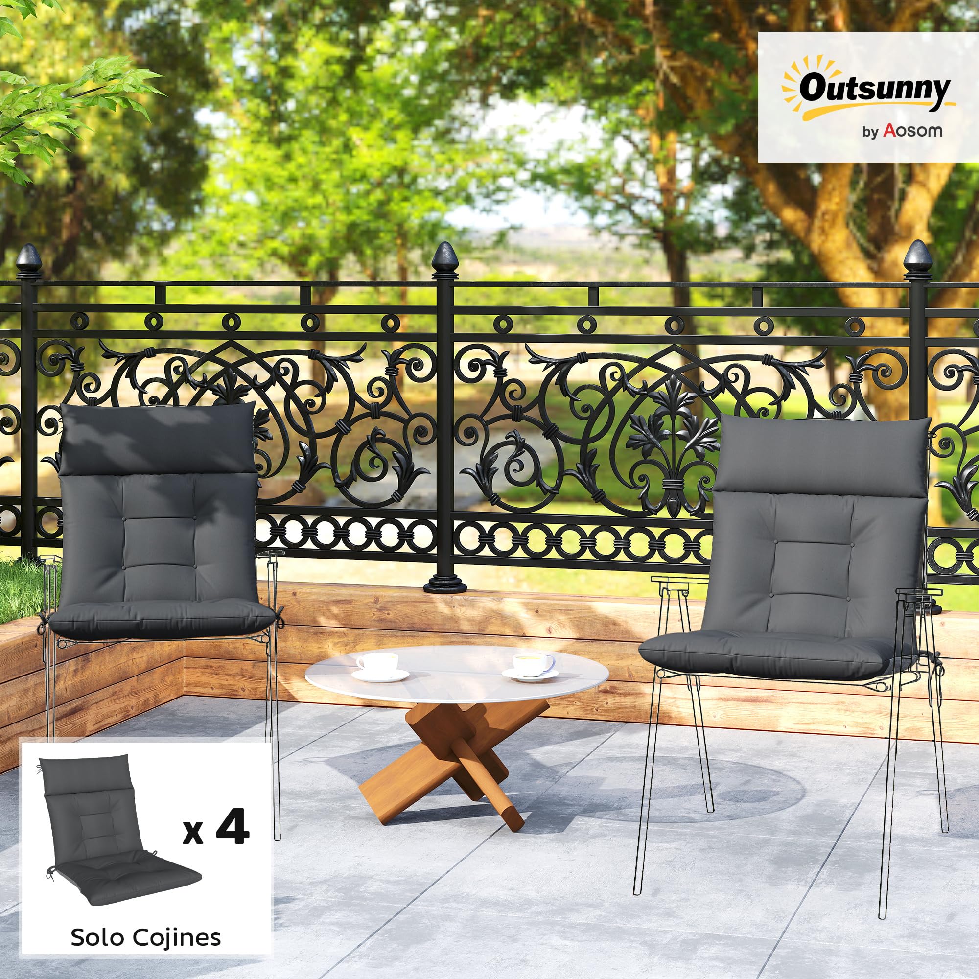 Outsunny Set de 4 Cojines para Sillas, Cojines para Jardín, Colchones de Banco con Respaldo, Correas, Impermeables y Antideslizantes, para Interior y Exterior 112x53x8 cm, Gris Oscuro