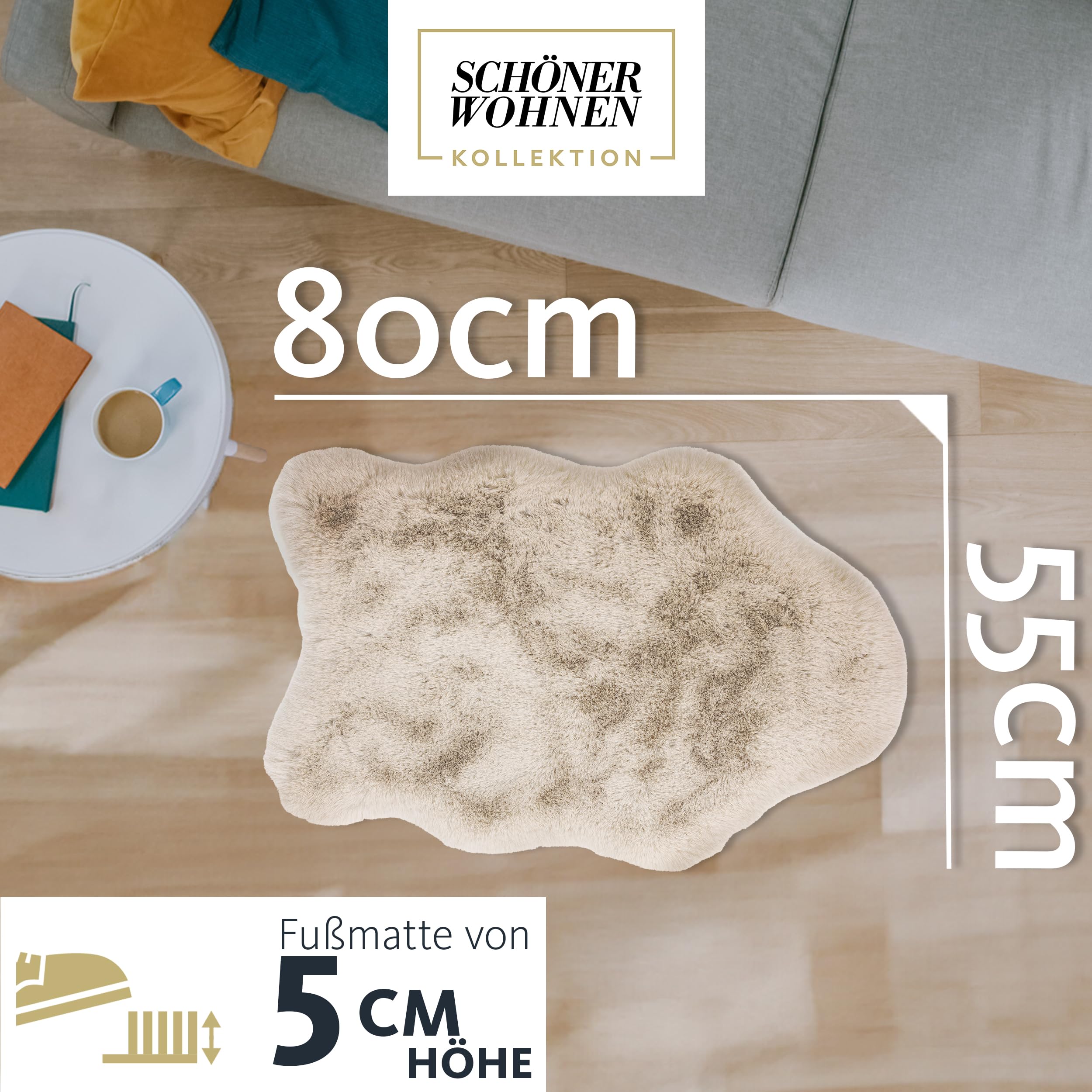 Schöner Wohnen Kollektion Hochwertiger Kunstfell Teppich flauschig - Teppich Wohnzimmer - Hochflorteppich Lammfell Schaffell - Dekofell Shape Beige 55 x 80 cm