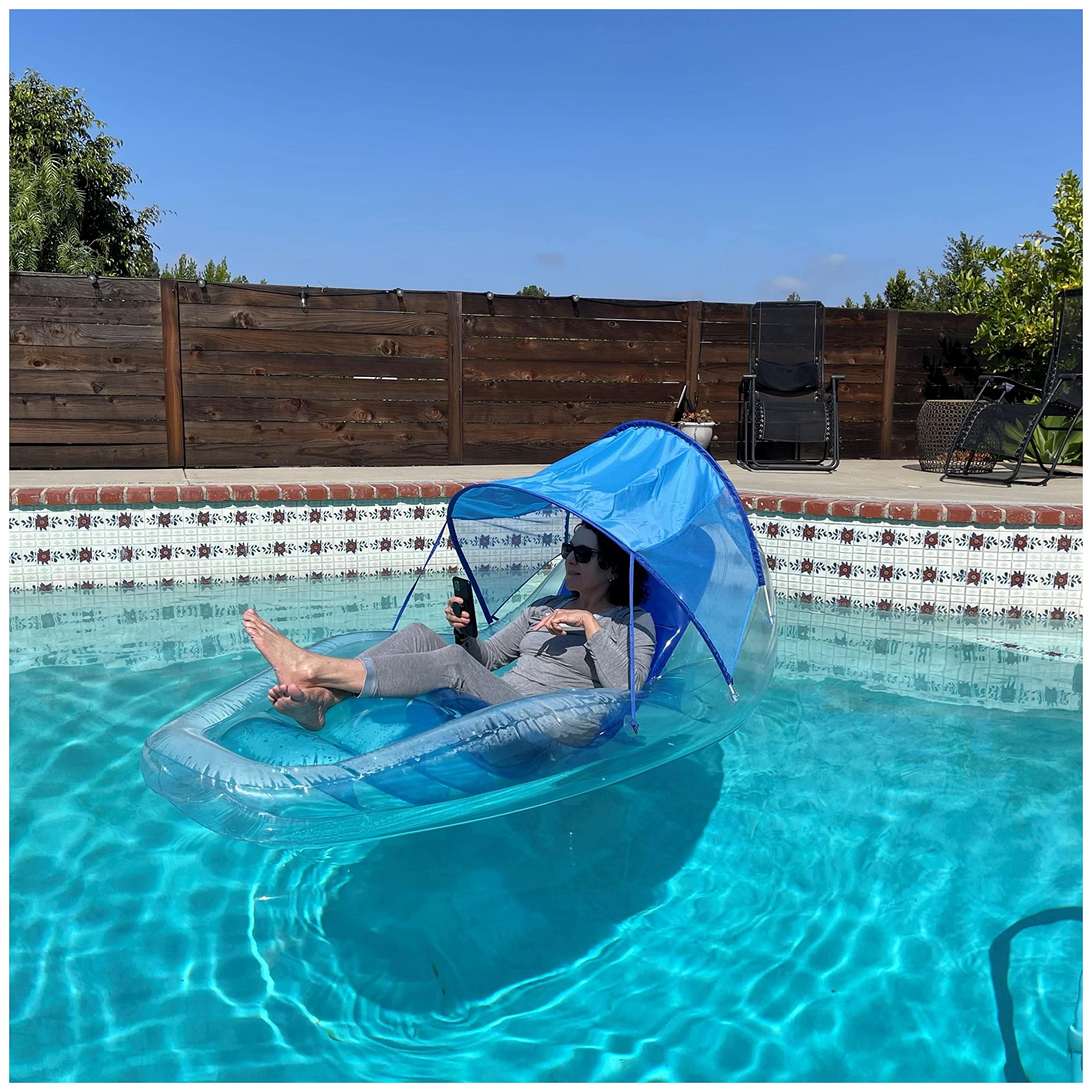 Swimways Dry Float Shadester Pool Float, Translucent Inflatable Recliner Chair for Adults with Fast Inflation, Canopy, Foot Rest & Cup Holder