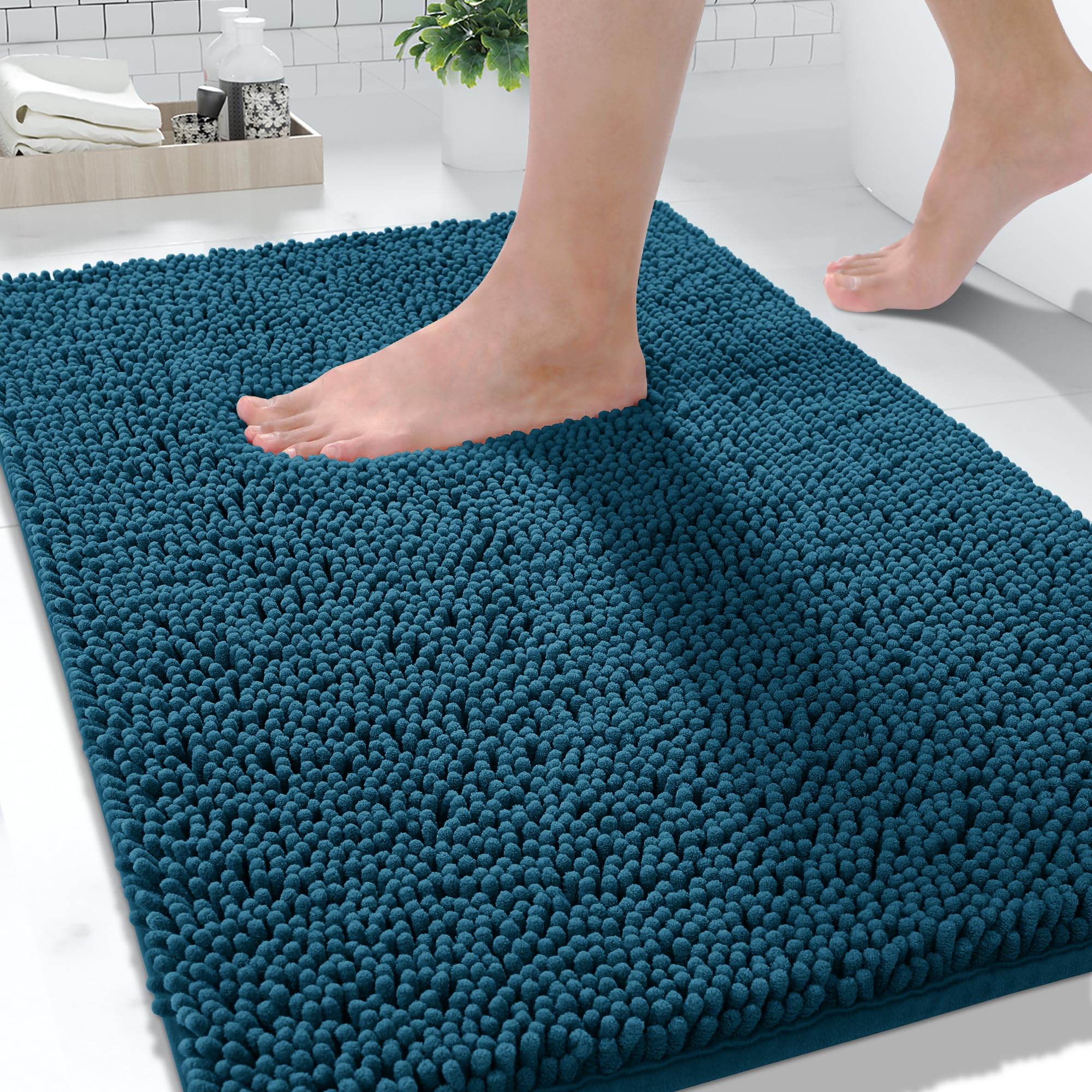 Yimobra Large Bathroom Rugs 36"x24", Non Slip Bath Mat for Tub, Shaggy Rug Floor Carpet, Extra Soft Super Absorbent Quick Dry, Machine Washable,Peacock Blue
