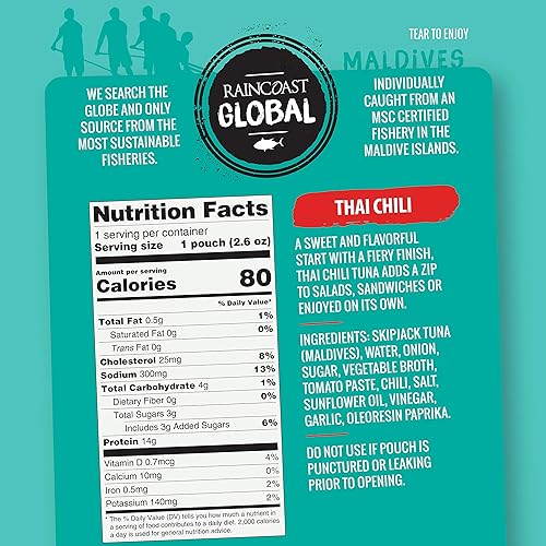 Miniatura 2 de Raincoast Trading Global Wild Skipjack - Bolsas de atún con chile tailandés capturado en la naturaleza, certificado sostenible con caña y línea alta
