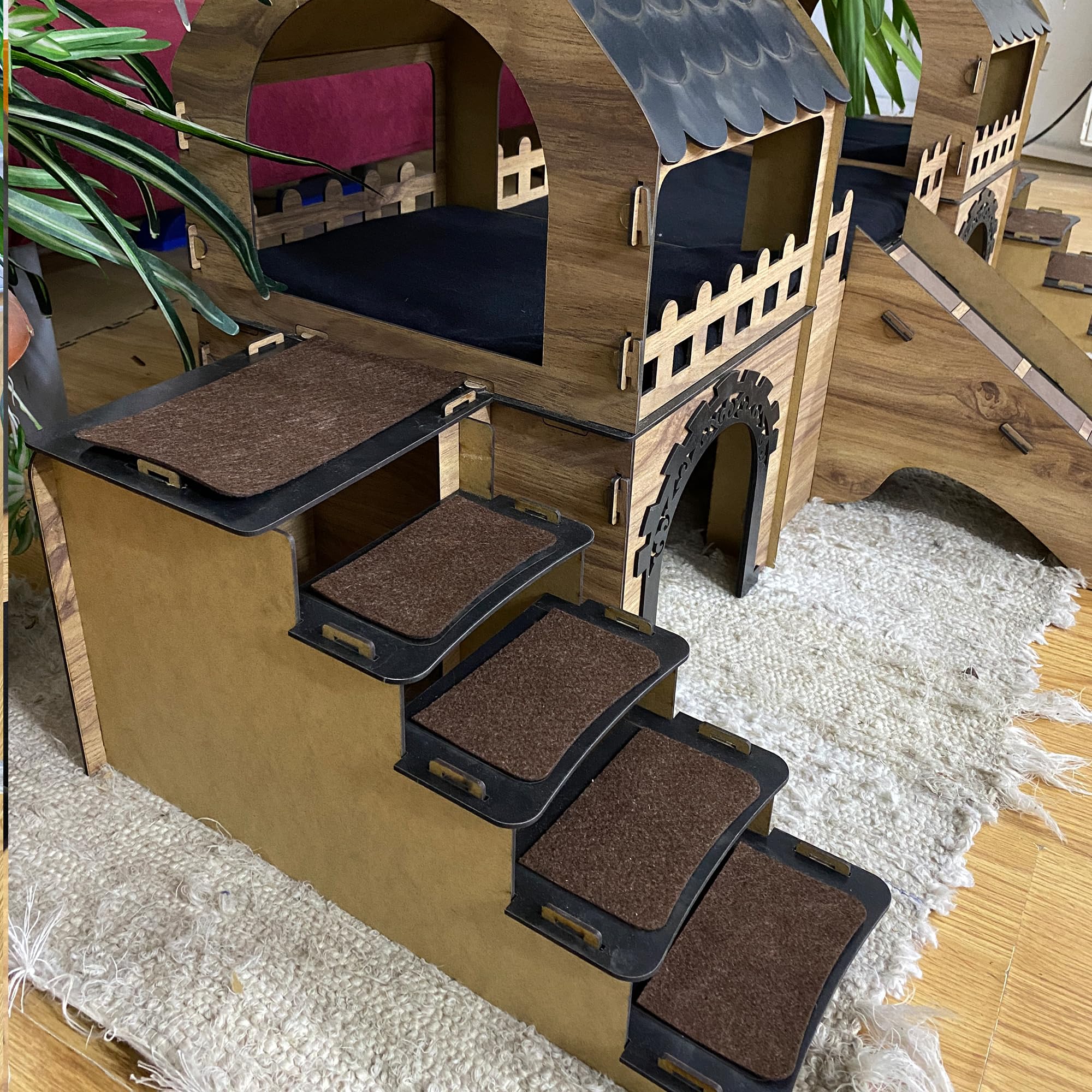 Kaninchenburg mit 2 Etagen, XXL Kaninchenhaus aus Holz mit Rampe & Treppen, Großer Spielturm & Versteck für Zwergkaninchen, Meerschweinchen & Hasen, Indoor Nagerhaus aus Naturholz (Eiche-Schwarz)