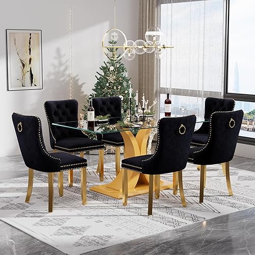 Miniatura 68 de Juego de mesa de comedor moderno de vidrio para 4, mesa de 160 cm de vidrio templado con base dorada estética y 4 sillas de comedor lujosas azules y