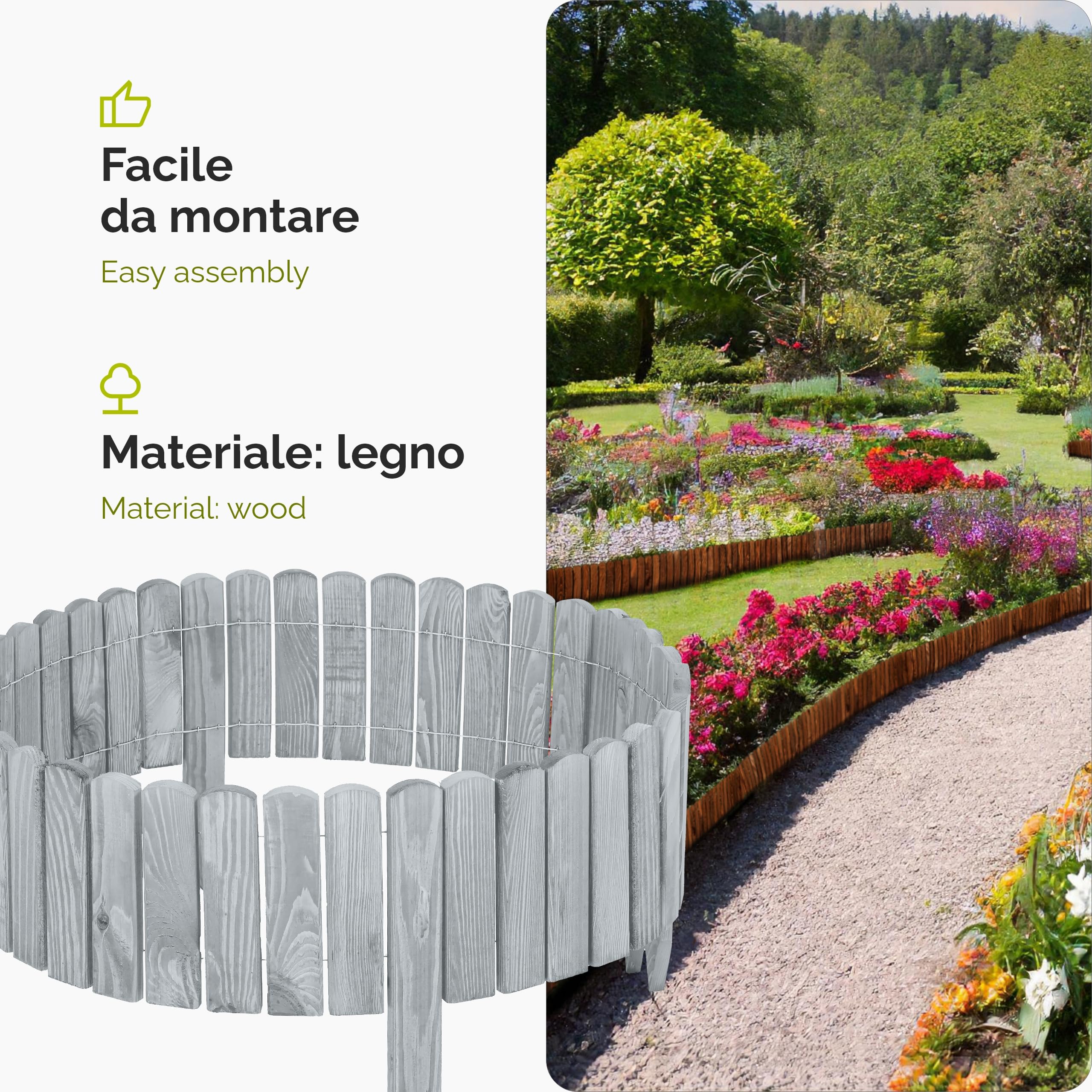 Garronda bordatura giardino bordura per aiuola staccionata in legno per giardino cordolo per aiuole Rollborder Recinzione Bassa Aiuola Lunghezza: 200 cm GD-0108 (Grigio, Altezza: 20 cm)