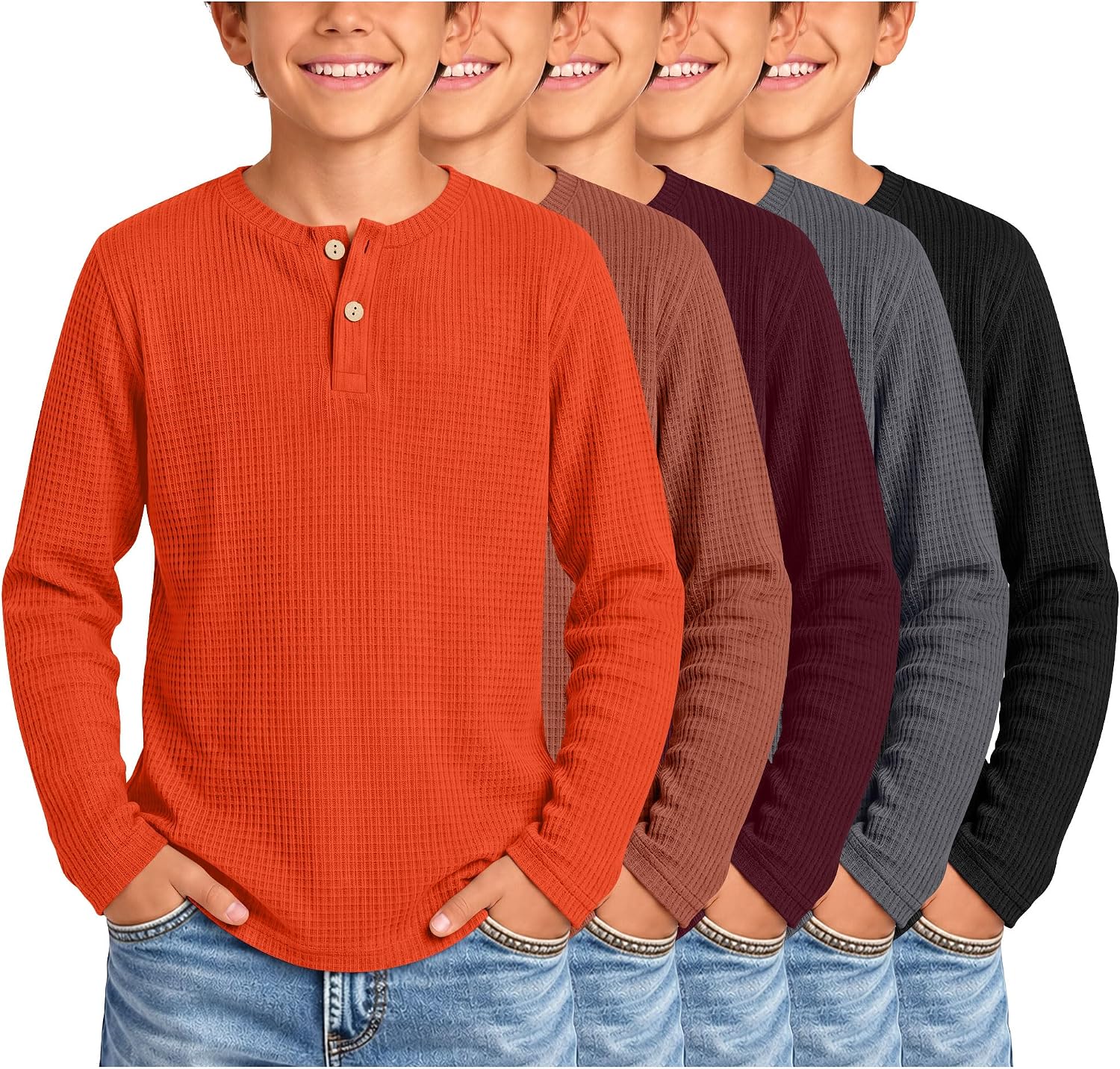 5 Pcs Boys Long Sleeve Waffle Henley Tops