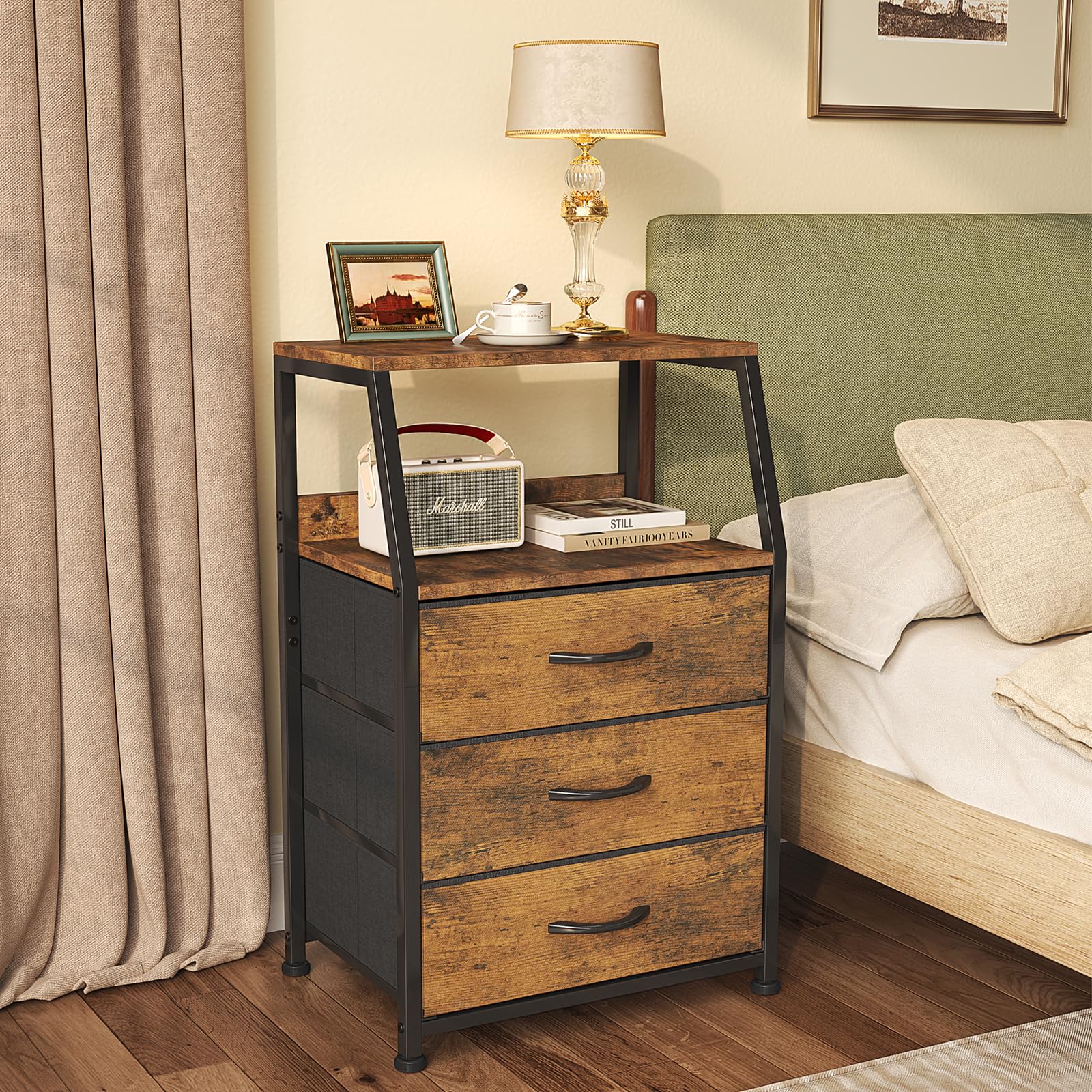 CAIYUN Cómoda, mesita de noche, mesa auxiliar, cómoda con 3 cajones, cómoda para dormitorio, armario, armario de almacenamiento Fácil de montar, estable (Marrón rústico, 3 capas)