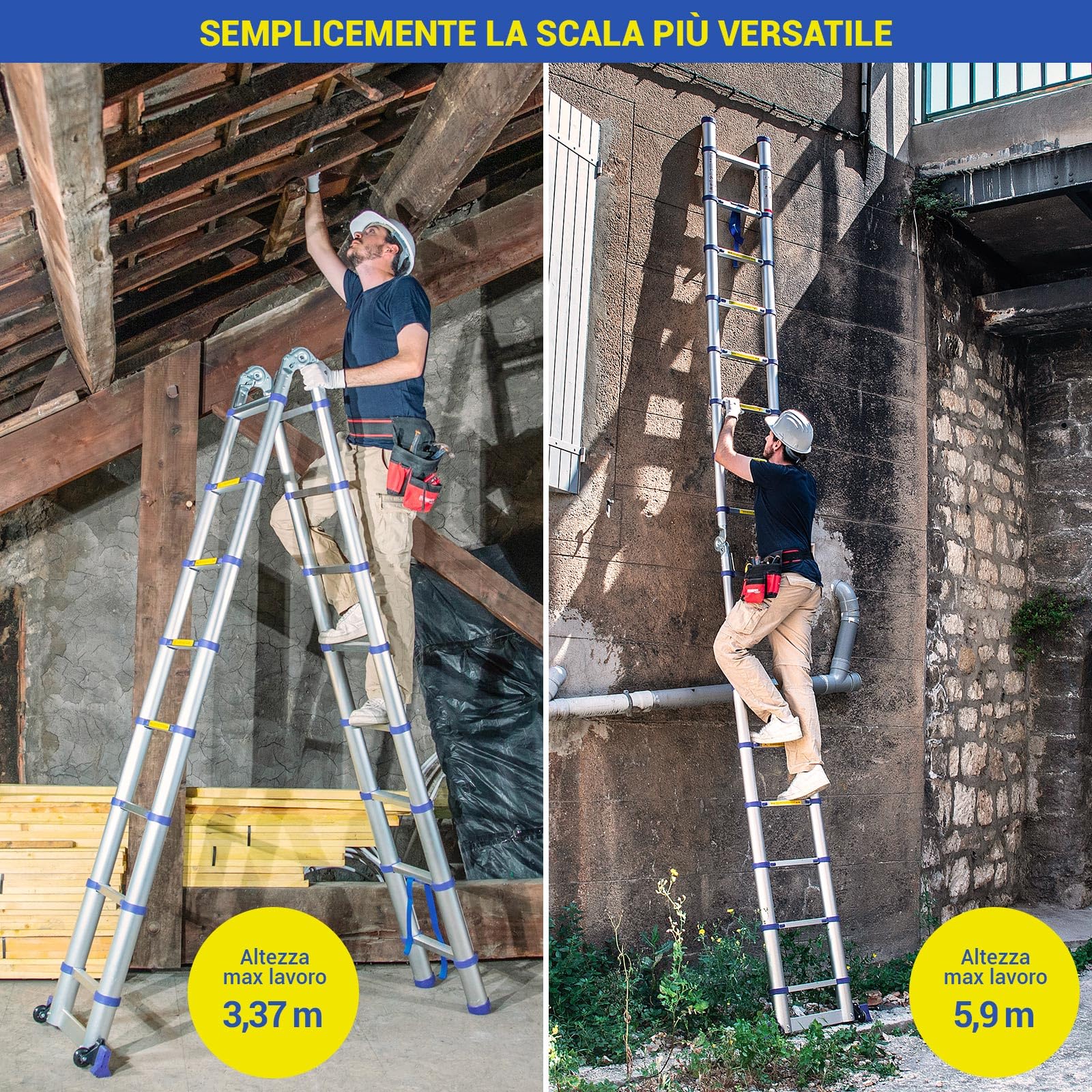 Scala telescopica articolata in alluminio 5 m (2,5 + 2,5) Stempakt Hostrom, leggera, compatta e pieghevole, altezza di lavoro massima 5,9m, carico massimo 150 kg, garanzia di 5 anni