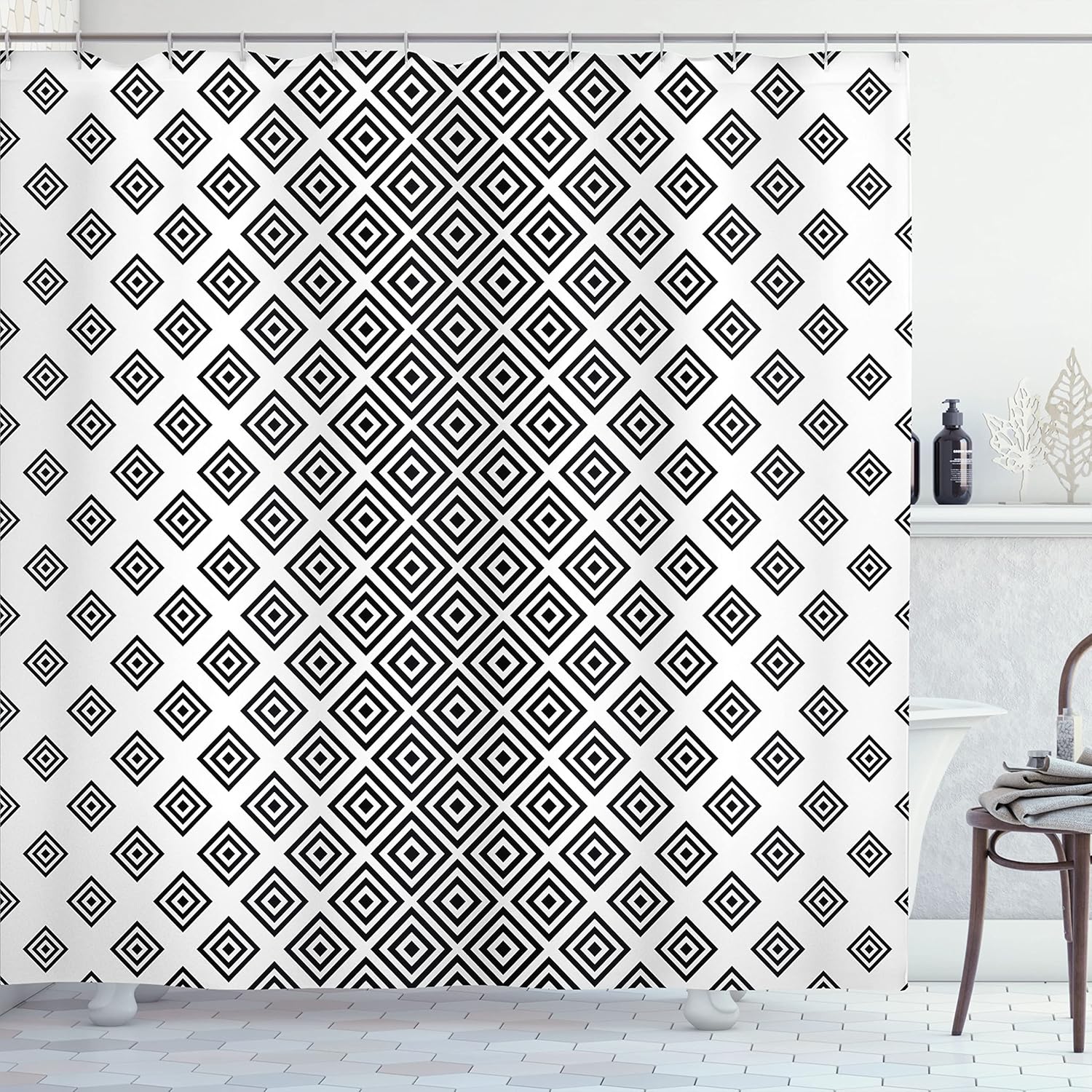 Ambesonne Abstract Shower Curtain, Vertical Square Shaped Geometric Pattern Minimalist Modern Style Trippy Design, Cloth Fabric Bathroom Decor Set with Hooks, 69" W x 70" L, Black Ivory