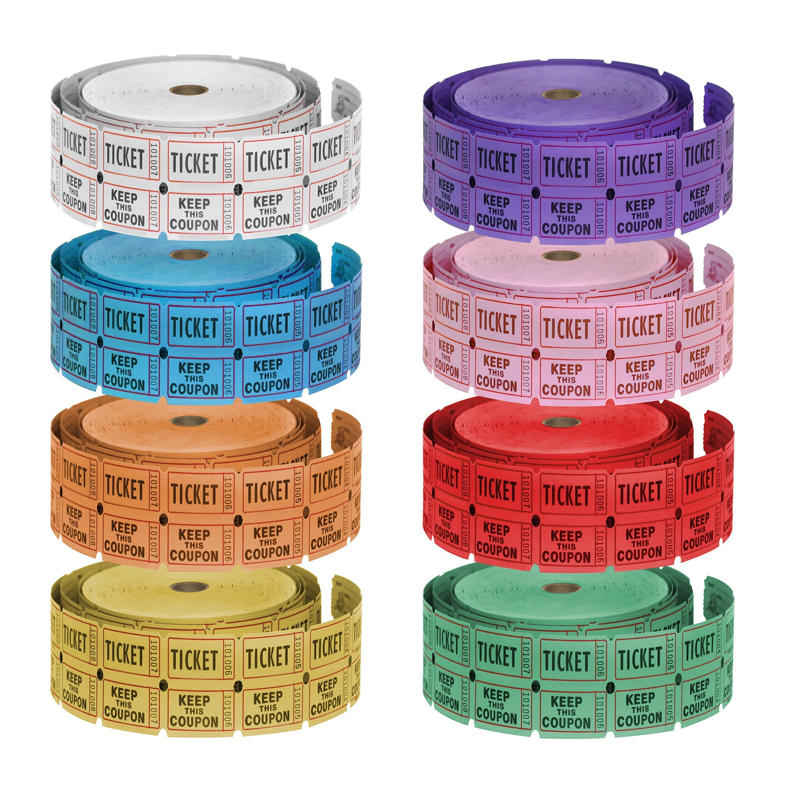 Full Set of 8 Color Double Roll 50/50 Raffle Tickets (2000 Tickets Each Roll, Total of 16,000 Ticket