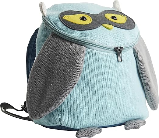 Crochetts | Mochila infantil de 2 a 5 años para guardería Buho tejida a crochet con lana de algodón hipoalergénica. Cremallera doble cierre y asas ajustables. Colores turquesa, gris y amarillo