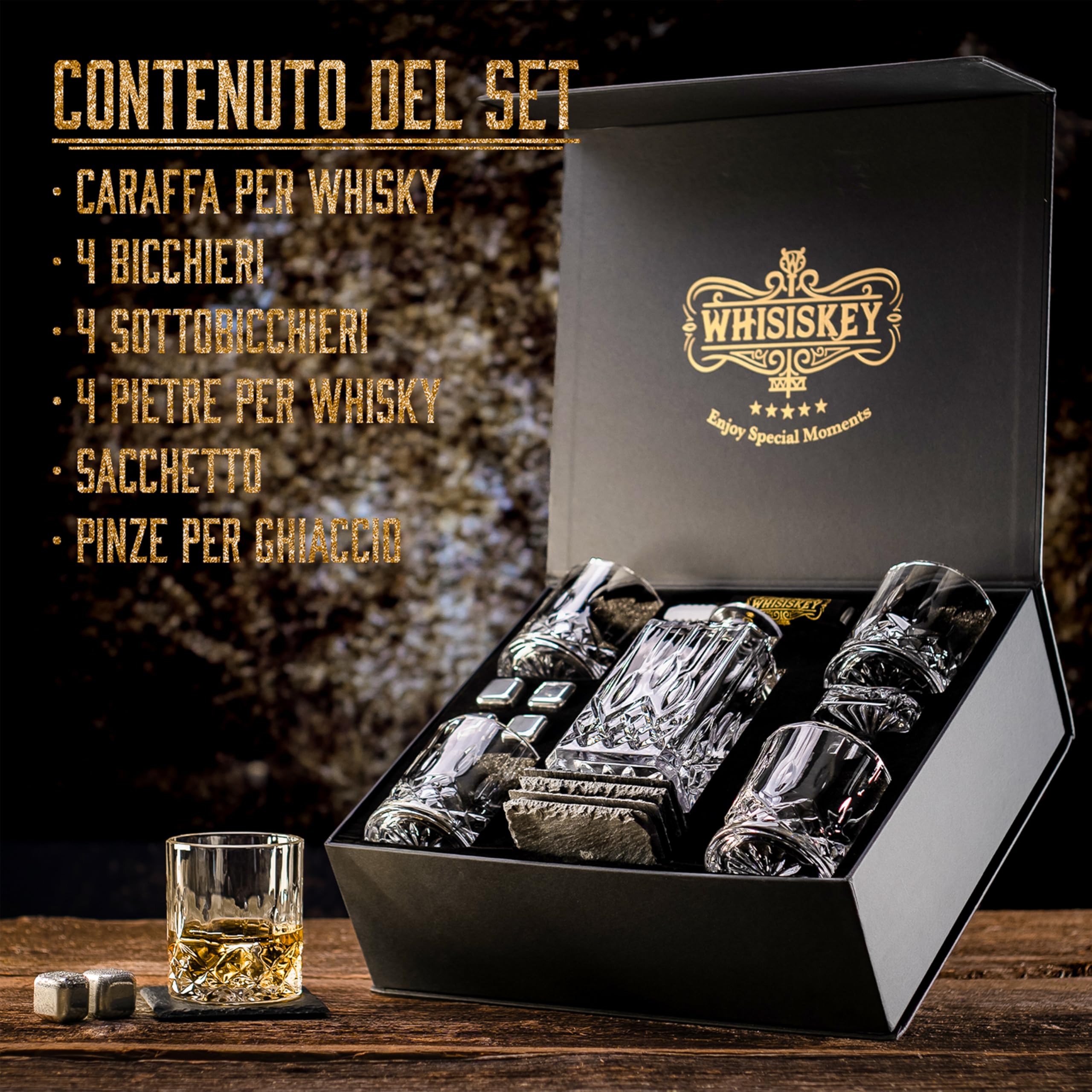 Decanter Whisky Con Bicchieri - Set Regalo Uomo Compleanno Con Pietre Di Raffreddamento - Foto 8