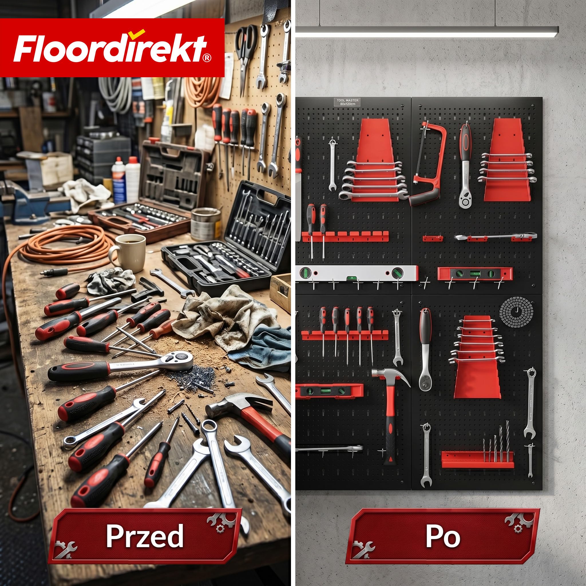 Floordirekt Narzędzie ściana perforowana z metalu 240 x 60 cm, płyta perforowana – zestaw 6 płyt, do stołu warsztatowego, garażu, wyposażenia warsztatowego