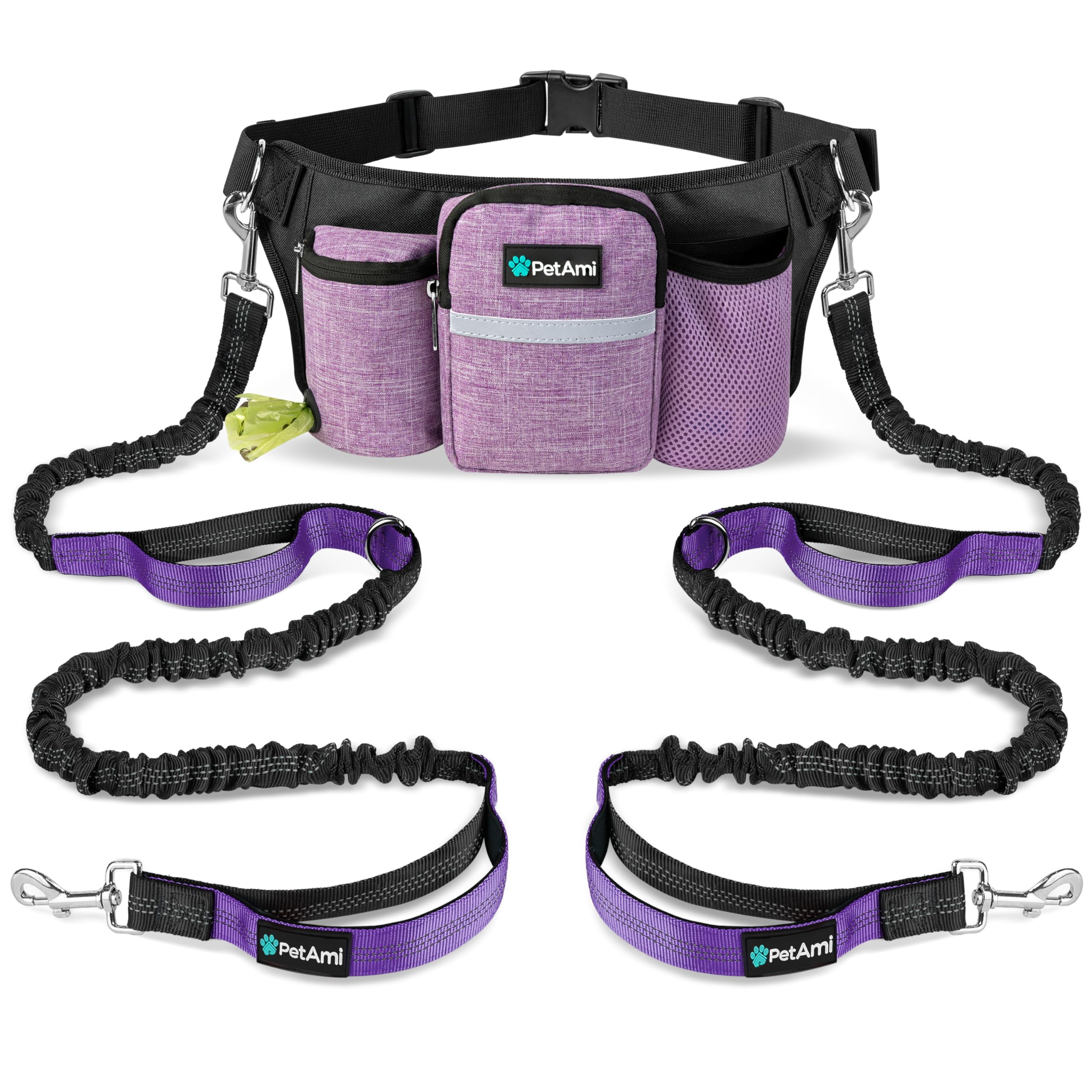 PetAmi Correa de Perro Manos Libres 2 Perros, Correa Ajustable para pasear al Perro, Bolsa de Accesorios de riñonera, Correa elástica Doble para Correr, Senderismo, Trotar,