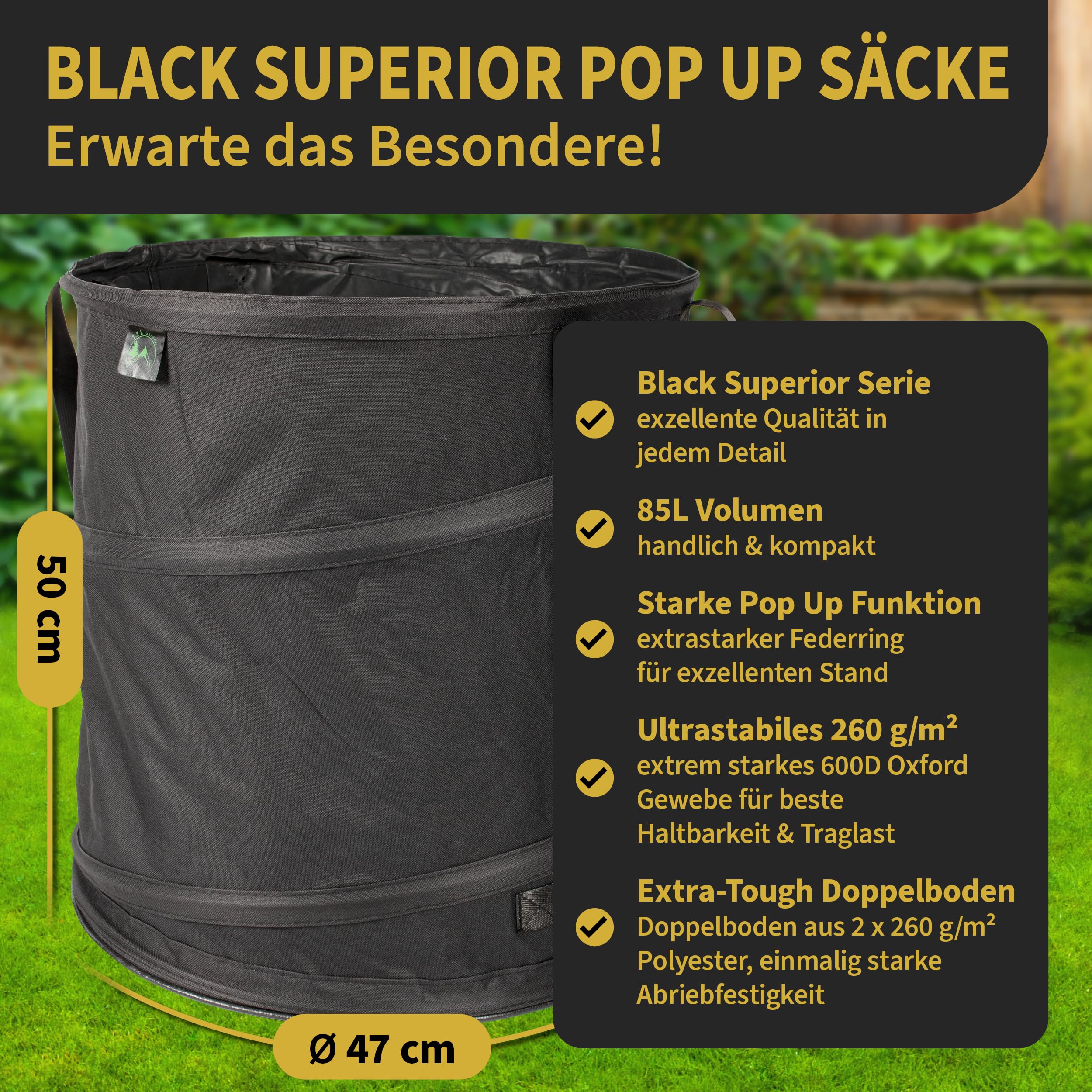 TTL GARDEN BLACK SUPERIOR 3x 85L Pop Up Gartensack - DOPPELTER BODEN 260gsm extra stabil 600D Oxford 3er Set 85 Liter Gartenabfallsack Laubsack faltbar Grünschnitt Garten Abfall selbstaufstellend