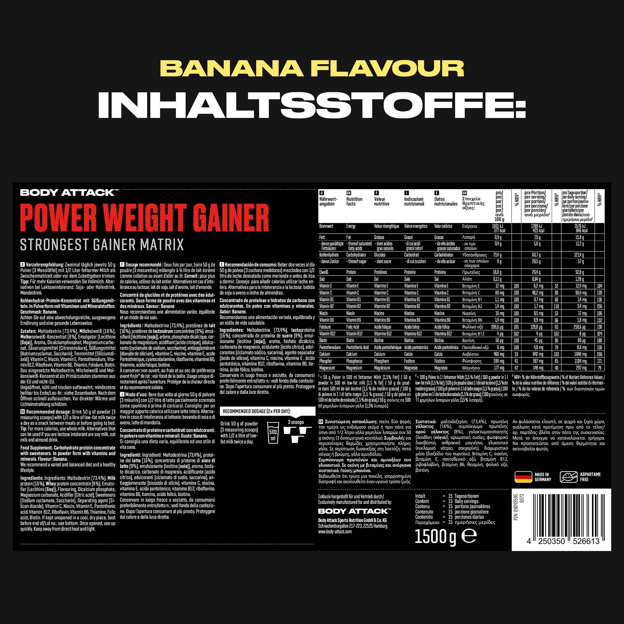 Body Attack Weight Gainer - Banana - 1,5 kg - Dein Mass Gainer für Masseaufbau & Muskelaufbau - Mit Whey Protein, BCAA und Kohlenhydraten - Dein fettarmer Masse Shake für hochwertige Kalorien