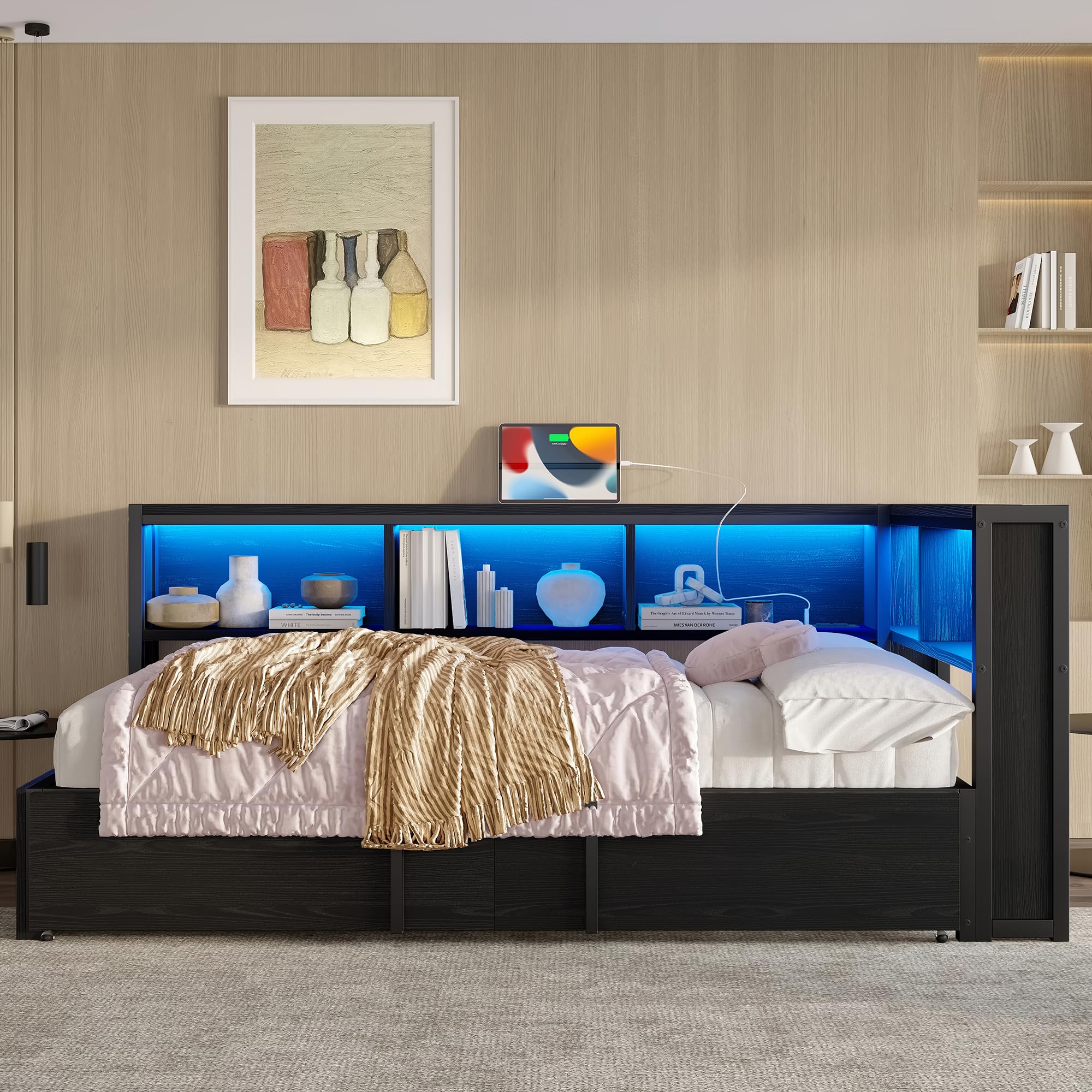 Cama de metal de 90 x 200 cm con cama nido, armarios de almacenamiento, iluminación LED y puertos USB (negro)