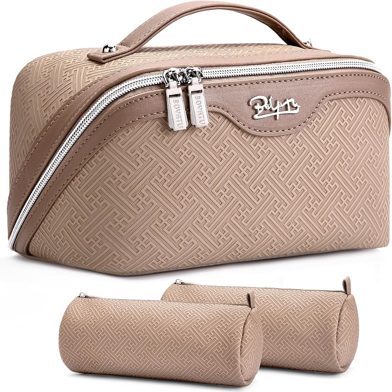 Necessaire de maquiagem para viagem BOYATU com textura de colunas romanas, 3 peças, 03-Khaki Beige