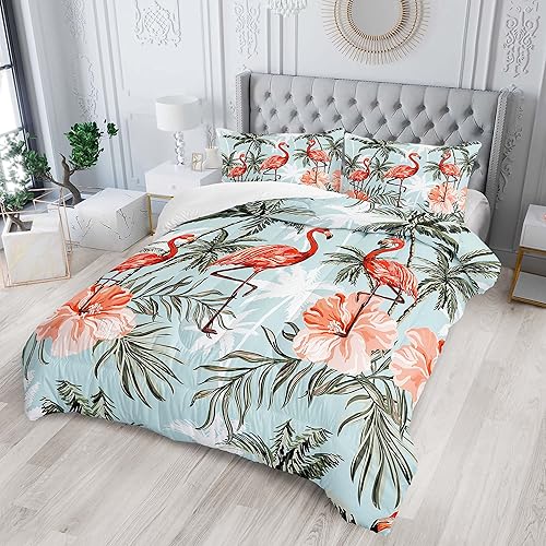Miniatura 2 de Juego de edredón de flamenco, tamaño individual, estampado de hojas de palmera de coco, flamenco, tropical, para niños, niñas, niños y adultos, con