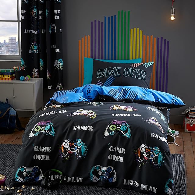 Catherine Lansfield Bedding Game Over 2 pcs, Single Duvet Cover Set with Pillowcases Black