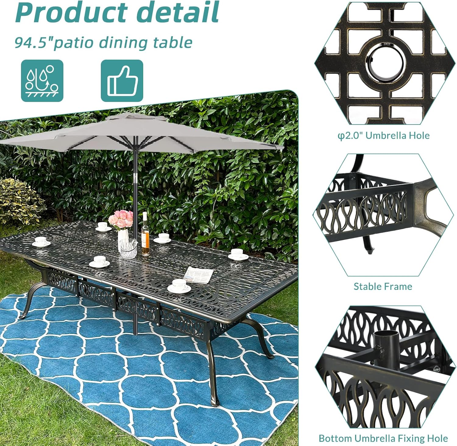 MEETWARM 9-Piece Outdoor Patio Dining Set for 8, All Weather Cast Aluminum Patio Funiture Table and Chairs Set- 94.5” Rectangular Table and 8 Cushioned Chairs for Garden, 2" Umbrella Hole, Khaki