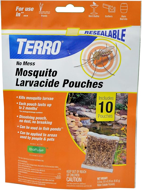 TERRO Bolsas larvacidas para mosquitos sin ensuciar, paquete de 10 | Paquetes solubles de control de plagas para agua estancada, asesino de mosquitos al aire libre con protección duradera de 2 meses