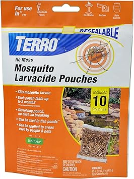 TERRO No Mess Mosquito Larvacide Pouches - 10 Pouches Included - T1210-10 Mosquito Larvacide Packets - Dissolvable Pouch for Stagnant Water