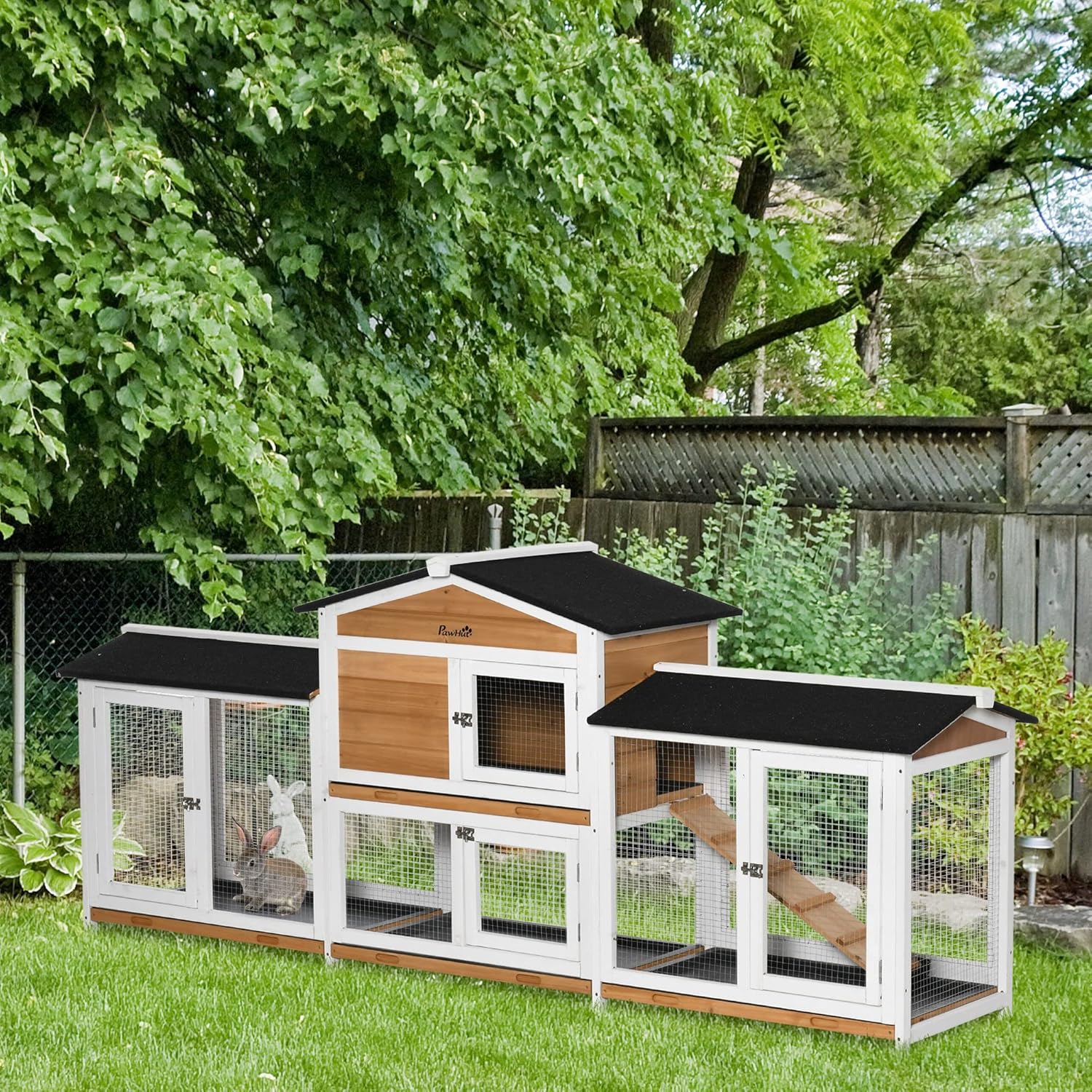 PawHut Rabbit Hutch Outdoor, 2-Tier Guinea Pig Hutch, Wooden Bunny Run, Small Animal House with Double Side Run Boxes, Slide-out Tray, Ramp, 230 x 53 x 93.5cm