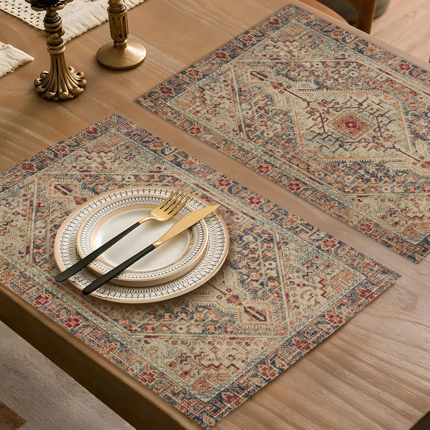 Boho Style Dusty Blue Placemats Set of 4,Vintage Elegant Farmhouse Table Center Linen Decor,12x18 Inch Country Rustic Farmhouse Magical Fall Table Mats for Party Kitchen Dining Decoration