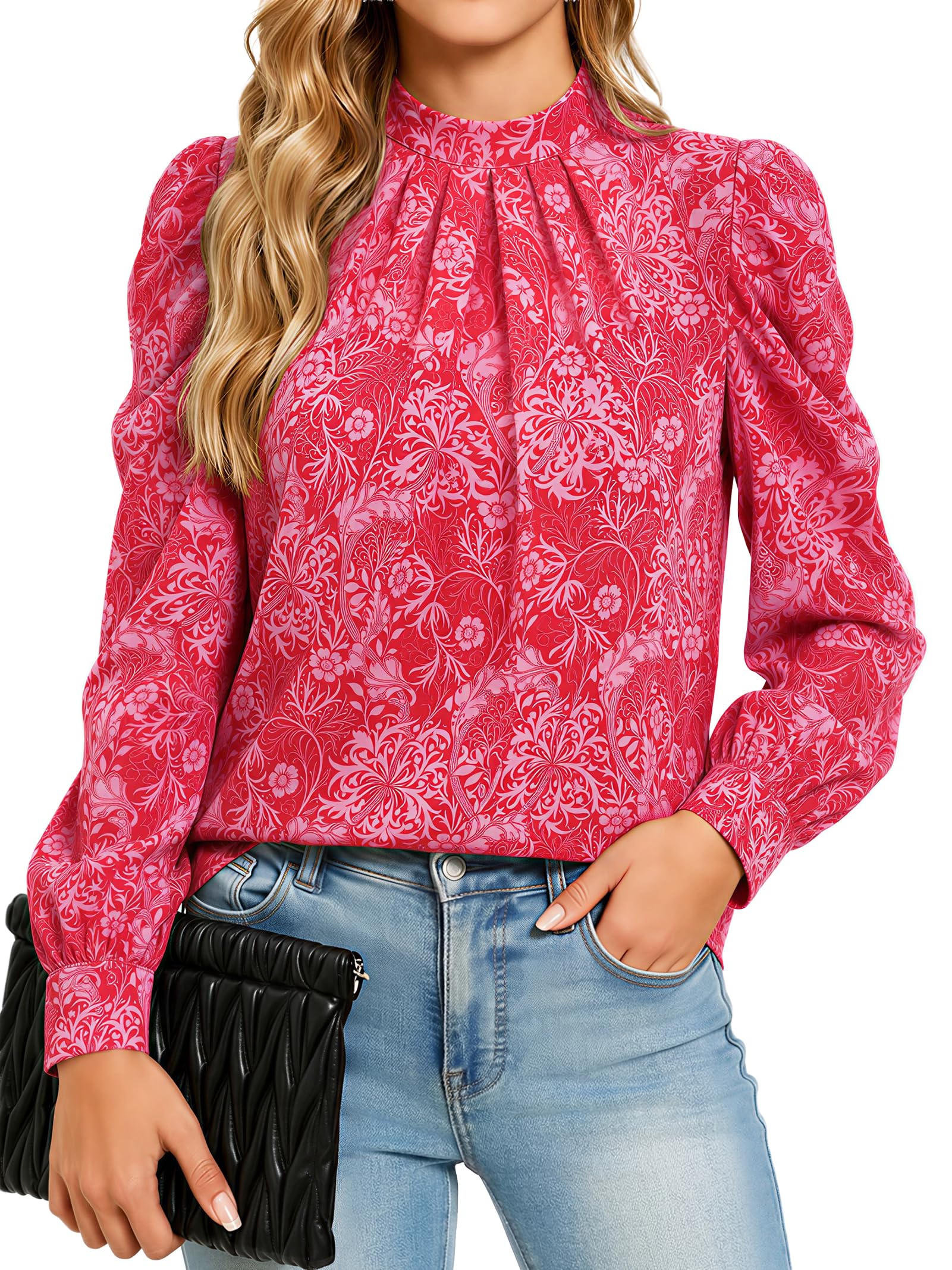Funlingo Women Puff Long Sleeve Shirts Mock Neck Tops Dressy Casual Blouses