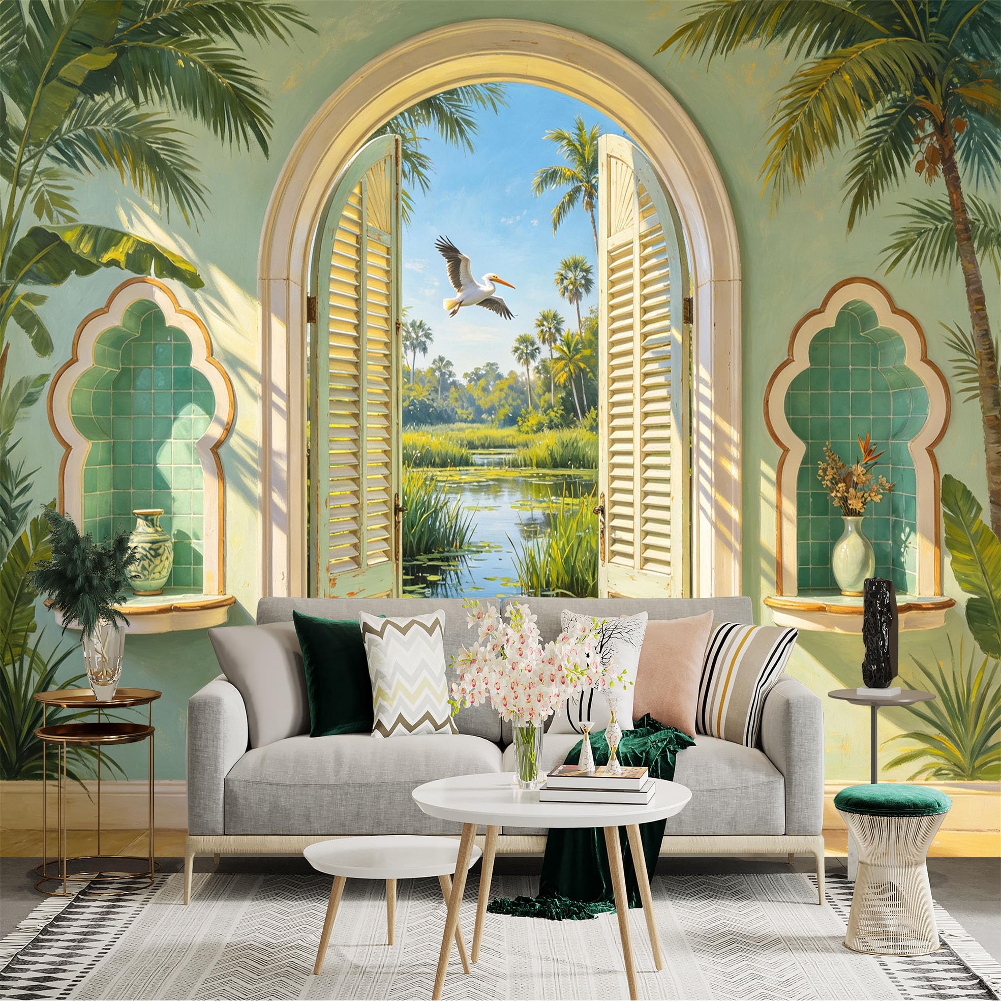 Custom Size Wall Sticker Mural， Tropical Archway with Palm Trees， Lake and Flying Bird， for wall Decoration， peelandstick wall Decals.