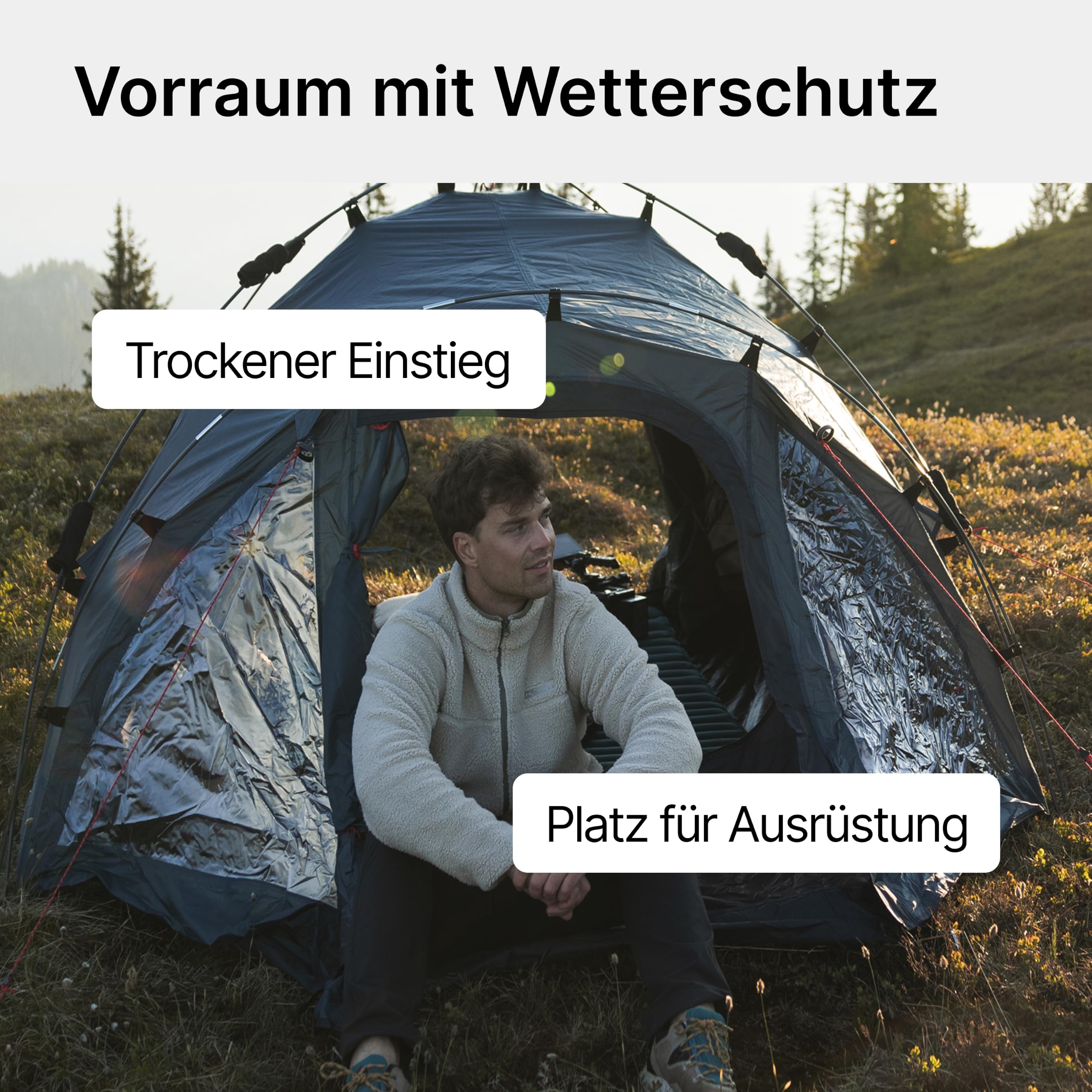qeedo Quick Oak Campingzelt - Sekundenzelt mit innovativem Quick-Up-System, stabil & wasserdicht, ideal für Camping & Festival, Komfort-Zelt für bis zu 3 Personen, mit Vorraum & Moskitonetz aus Mesh