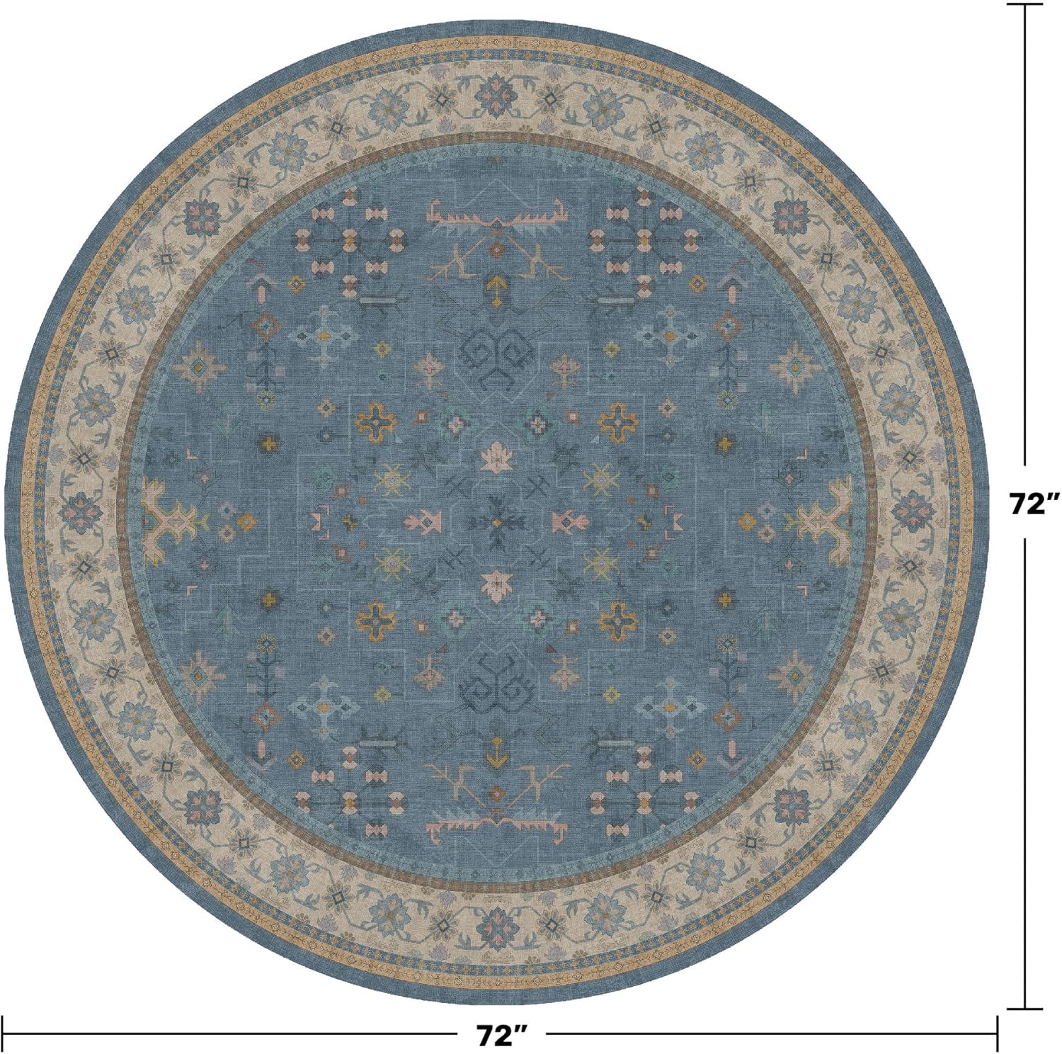Hazo Haus Washable Blue Round Rug 6ft - Floral Circle Rug for Living Room, Nursury, Kids Room, Playroom, Bedroom, Low Pile Non Slip Stain Resistant, Dusty Blue Indoor Aesthetic Décor