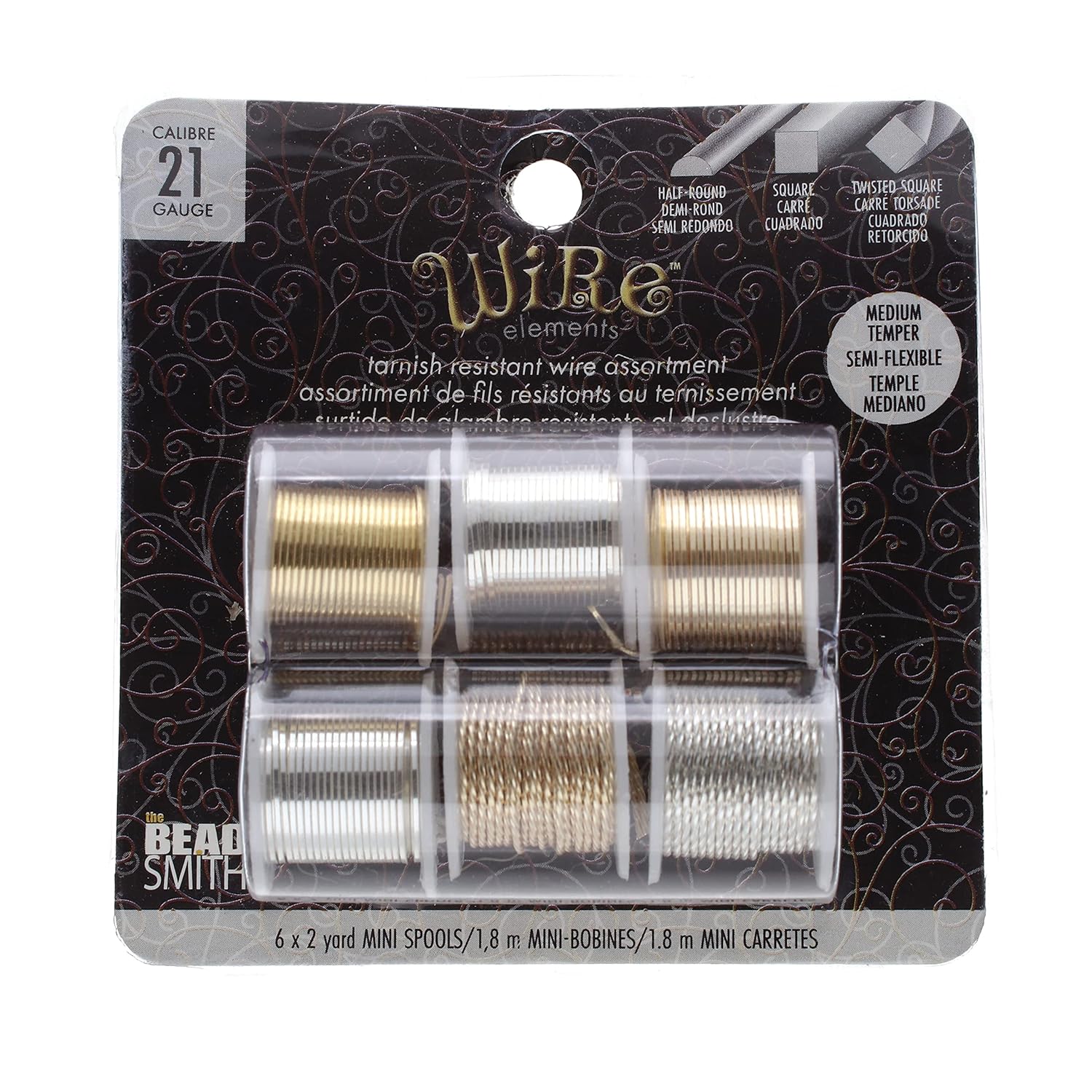 The Beadsmith Craft Wire Assortment - Tarnish-Resistant Copper Wire for Jewelry Making, 21 Gauge, 6-Pack, 0.75-Inch Mini Spools, 2 Yd Each, Assorted Colors & Shapes, Medium Temper
