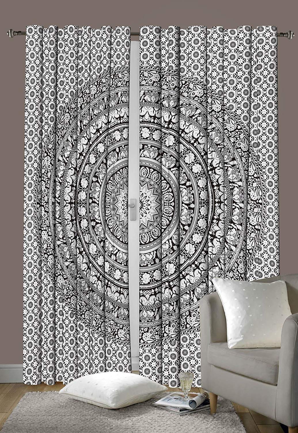 Popular Handicrafts Indian Hippie Bohemian Beautiful Elephant Mandala Curtain Panels Black and White - Image 2