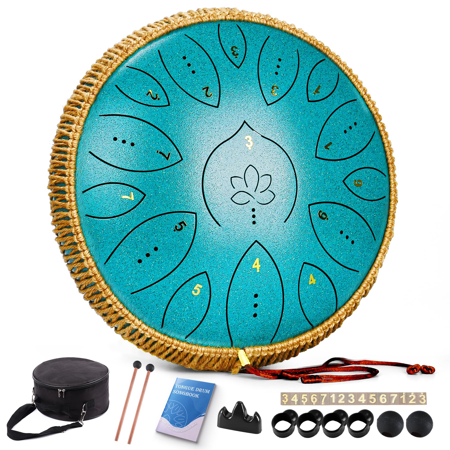 Steel Tongue Drum 13 Inches 15 Notes, Hand Pan Drums for Adults 440hz, C Major Handpan Musical Instrument with Song Book, Mallets and Carry Bag, Malachite Green